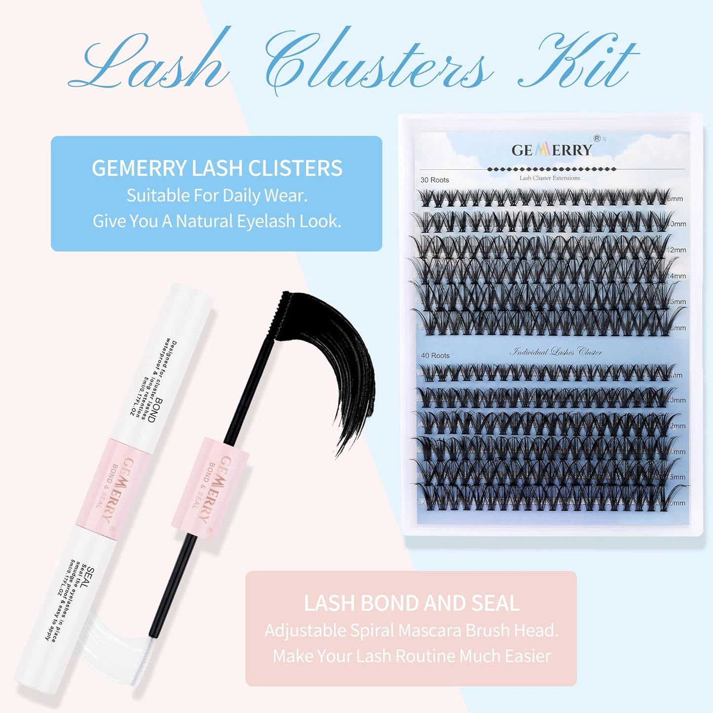 Lash Clusters 240pcs GEMERRY Individual Lashes 0.07mm 20P+30P D Curl Mix 8-16mm Cluster Lashes Natural Soft Mixed Tray Eyelash Clusters DIY Eyelash Extensions