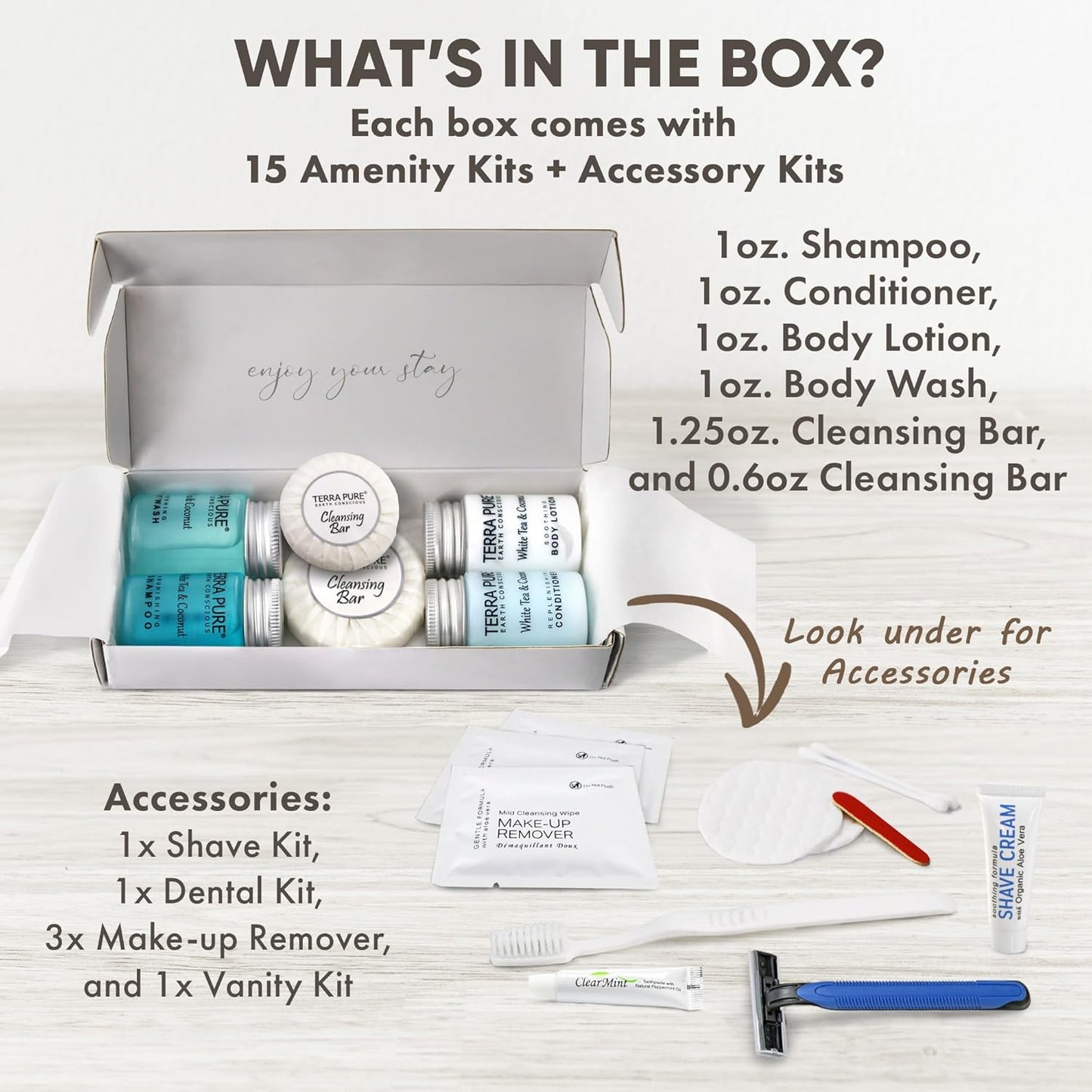 Terra Pure White Tea & Coconut Amenity & Accessory Kit |1oz Travel Size Shampoo, Conditioner, Lotion, Body Wash, 2 Cleansing Bars, Shave & Dental Sets, Make-Up Remover Wipes, & Vanity Kit | 15 Boxes