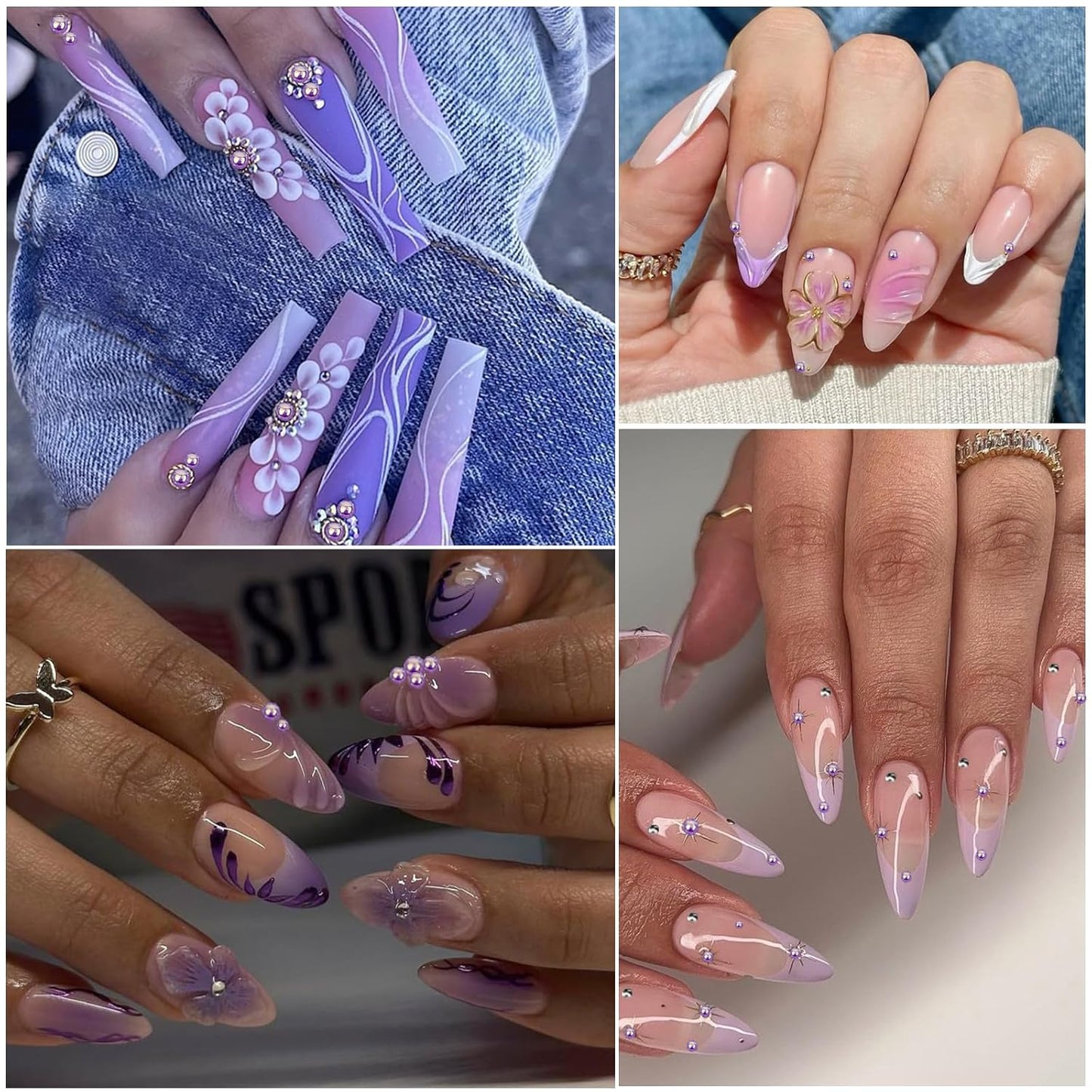 Nail Art Pearls with Rhinestones Glue Gel Flatback Pearls Nail Charms Luxurious Nails Supplies Accessories Gold Silver Gems Jewelry Pearl for Women Nails Design(Purple)