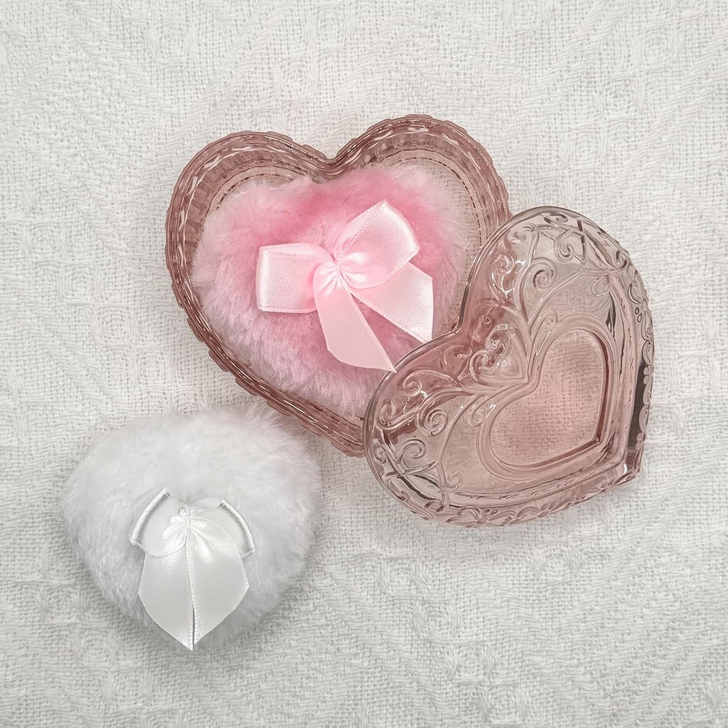 Body Powder Puff and Container - Glass Heart Dusting Powder Container with 2 Soft Puffs Vintage Powder Puff Case for Women & Girls-GRB007-Pink