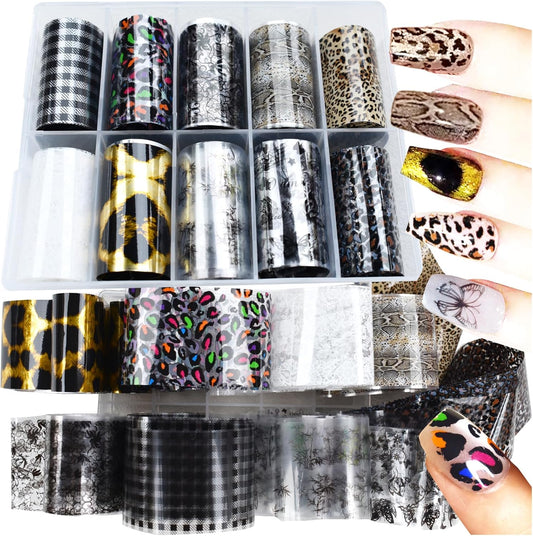 Nail Art Transfer Foils Set, 10 Designs, Animal Print and White and Black Flower Patterns,Holographic Stickers for DIY Acrylic Nails Manicure Decoration 39.37 x 1.57 inches (10)