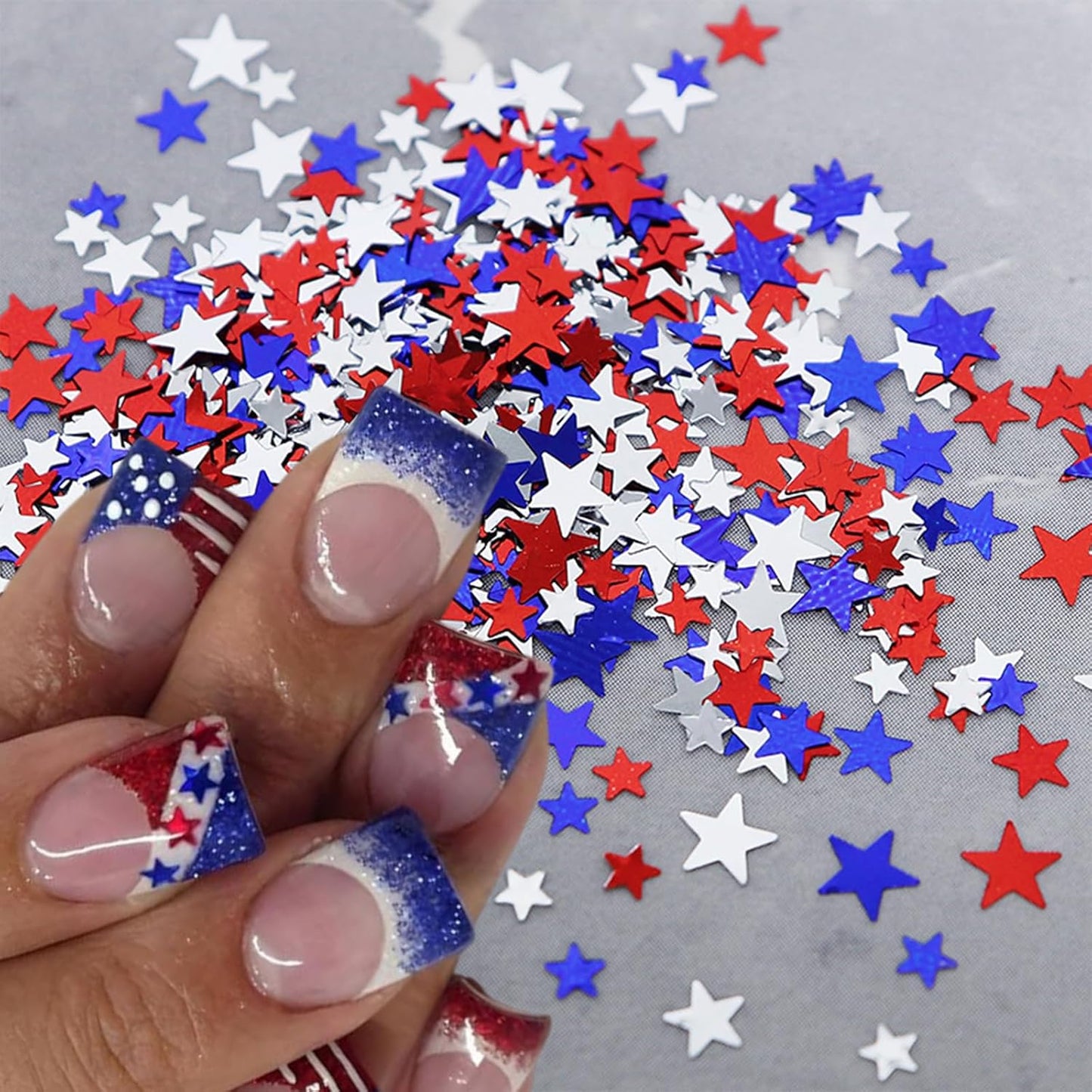 12 Grids Independence Day Nail Sequins，3D Holographic Nails Glitter Laser Star Nail Shining Flakes for Fourth of July Five-Pointed Star Mixed Sequins for America Patriotic Face Makeup Nail Decoration