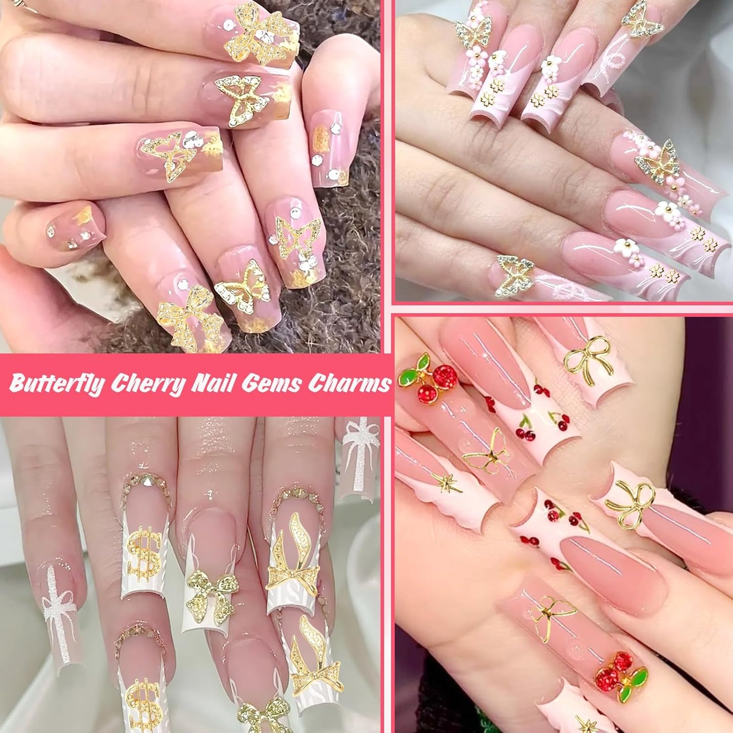 2 Boxes Alloy Gold Nail Charms, 3D Butterfly Star Cherry Nails Gems Charms, Mixed Shapes Golden Bows Heart Star Nail Studs Gold Flatback Pearls Beads for Nails Art Design DIY Accessories