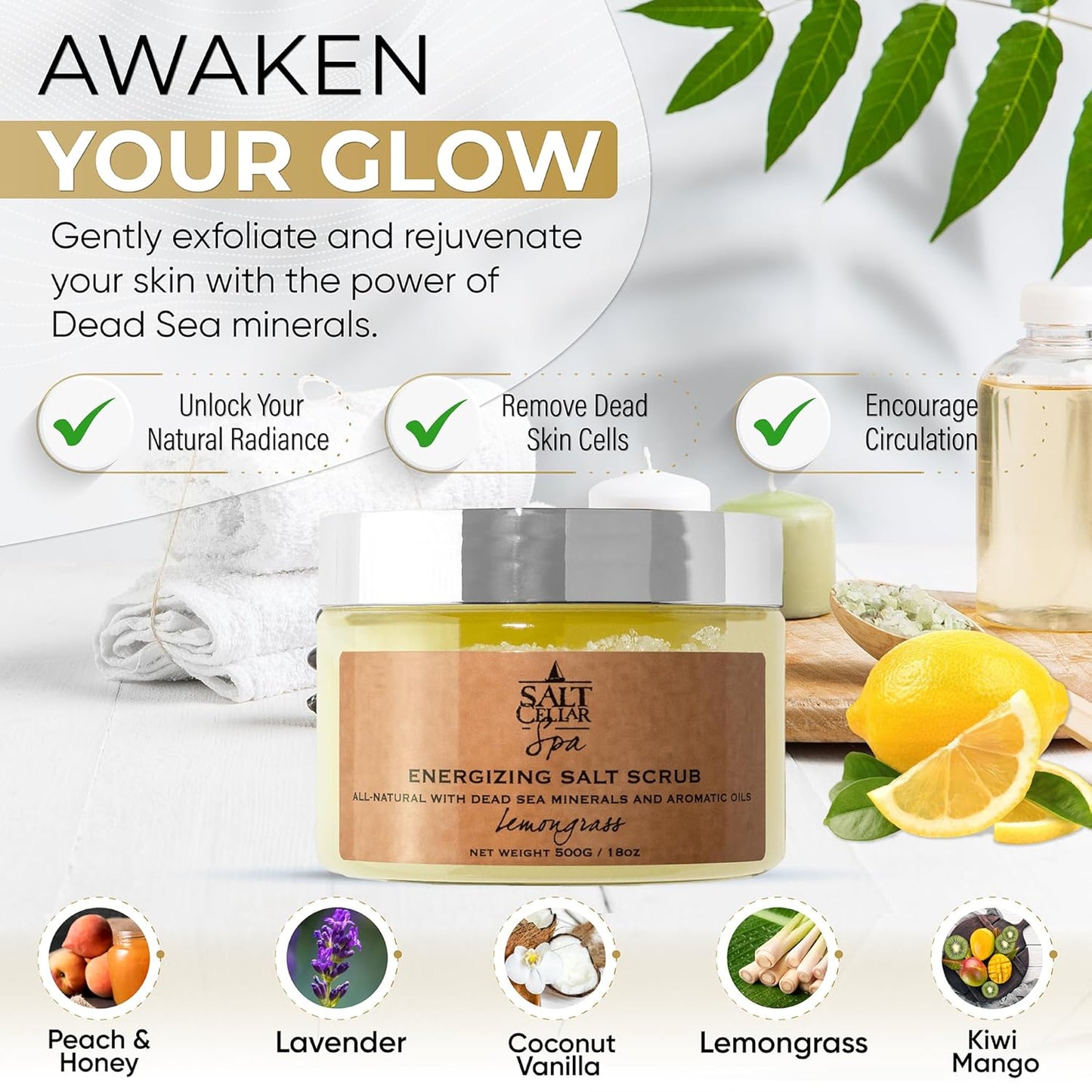 Salt Cellar Spa Energizing Lemongrass Salt Scrub - Awaken Your Skin with Dead Sea Minerals - Revive, Refresh, and Rejuvenate - Made in Israel, Cruelty-Free, 18 oz.