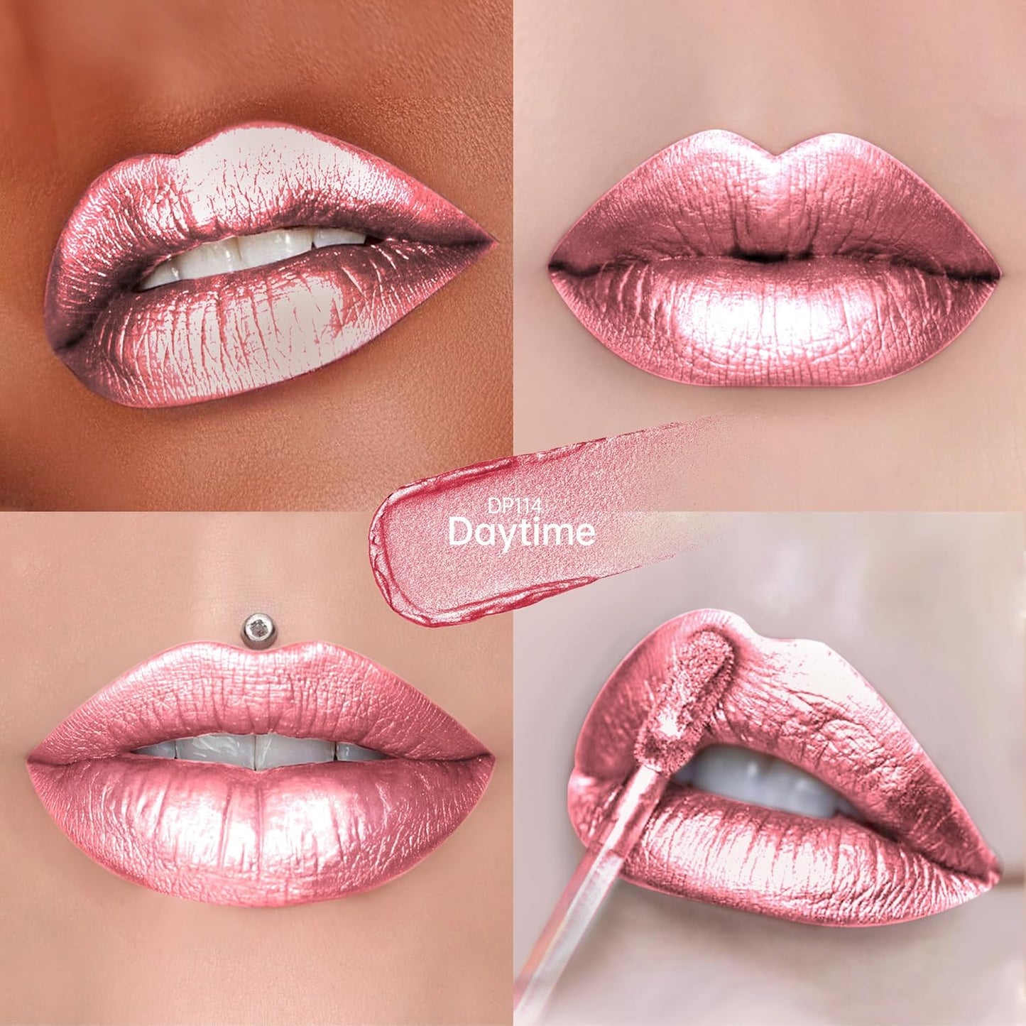 light Pink Lipsticks for Women Metallic Lipstick Long Lasting Non Stick Cup Lip Gloss, Shimmer Lightweight Hydrating Full Coverage Lip Color, DP114 Daytime