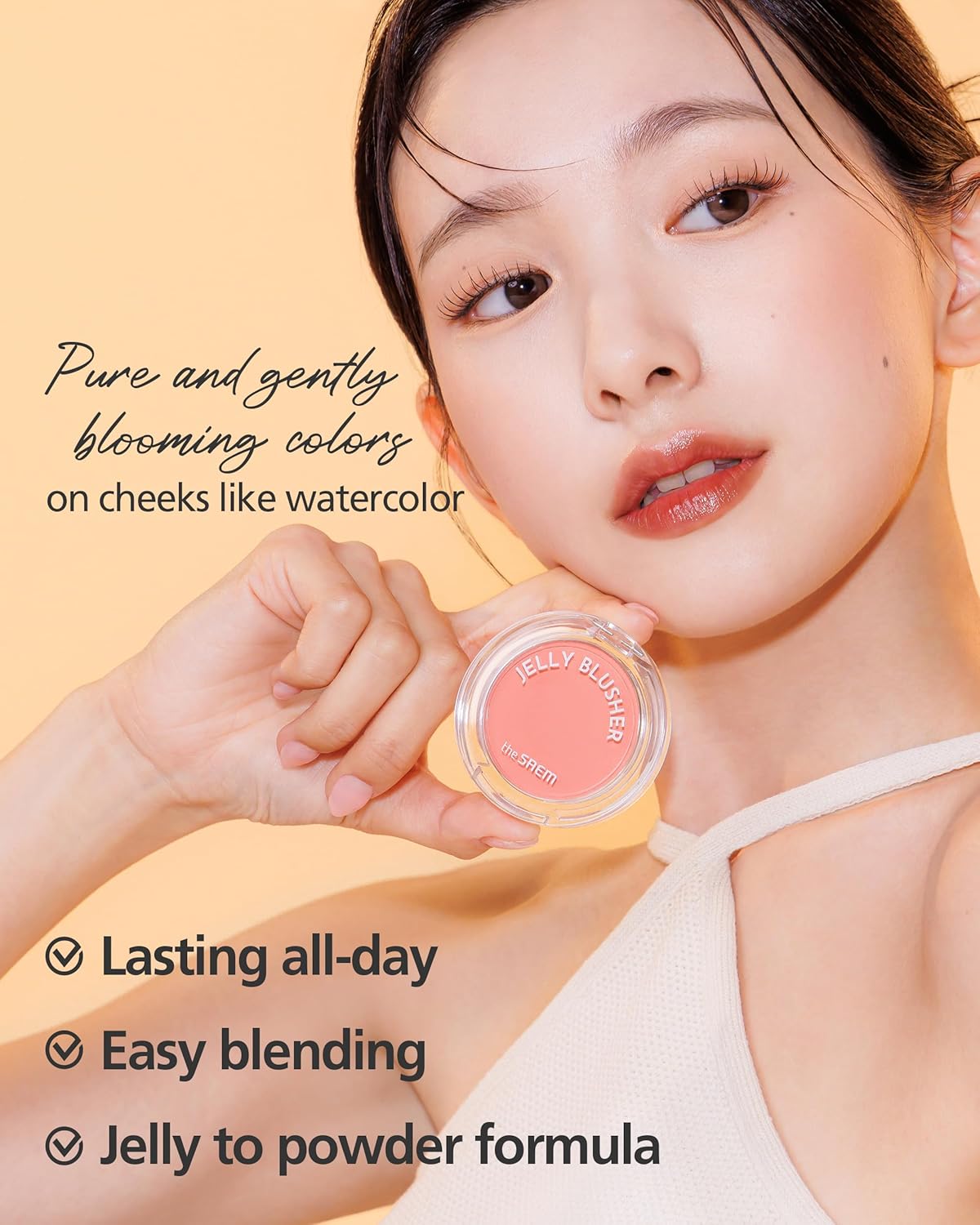 THESAEM Jelly Blusher CR01 Peach Crush - Velvety Finish Soft Jelly Powder Cheek - Easy Blending Formula- Lightweight, Smooth, Natural Buildable Blusher