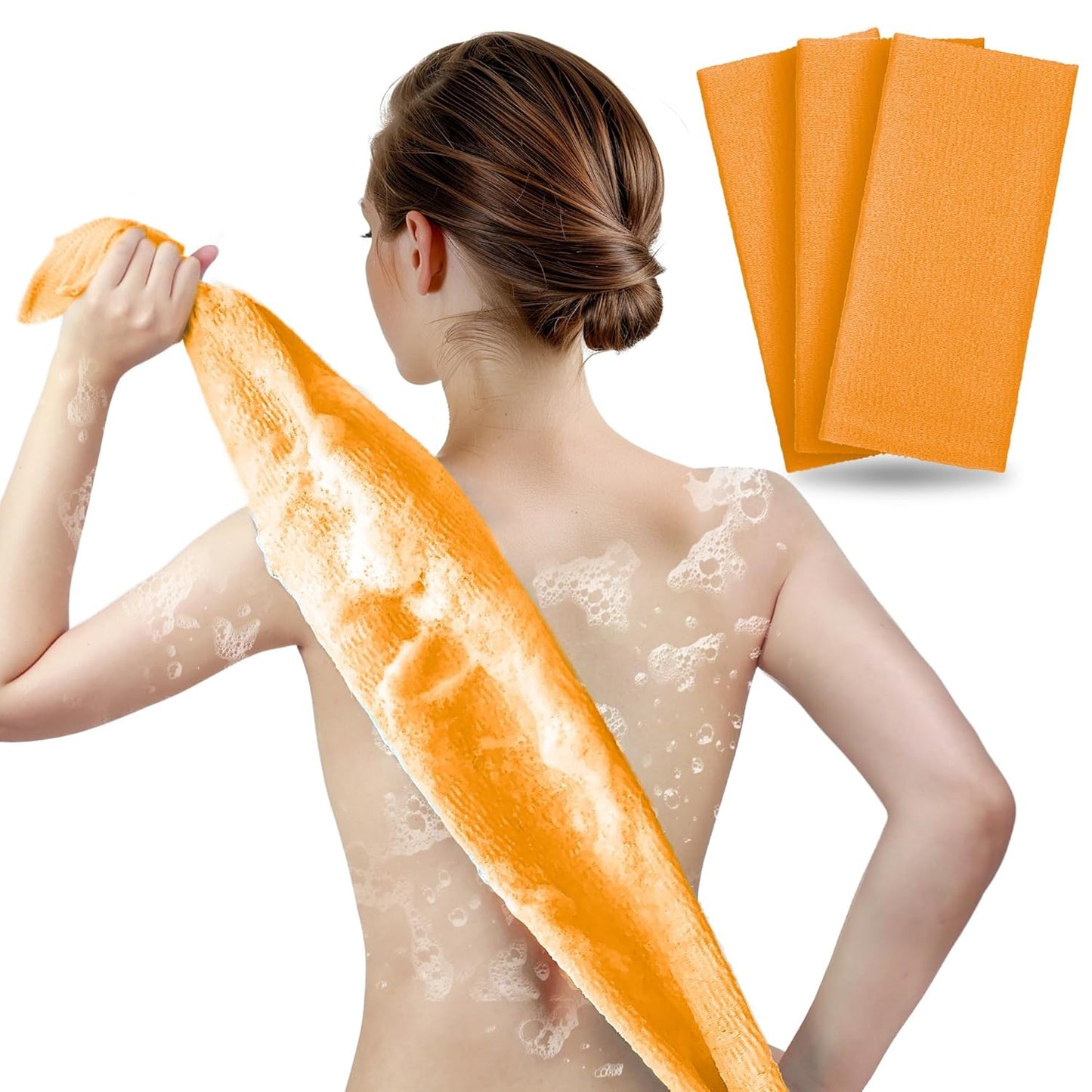 Exfoliating Washcloth & Body Scrubber for Shower (3 Pack) | ARCH&M Japanese Beauty Cloth for Deep Cleansing & Back Exfoliation (Orange x 3)