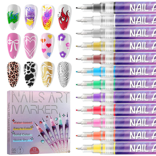 12 Colors Nail Art Pens Kit EBANKU 0.5MM Ultra-Fine Tip 3D Nail Polish Pens Quick-Dry Acrylic Paint Pens Nail Markers Dotting Tools for Home & Salon Manicure
