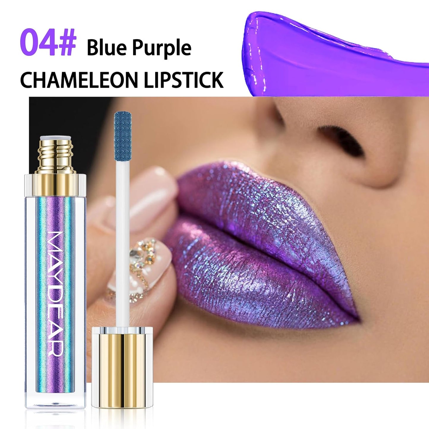 Maydear Chameleon Lipstick, High Pigmented for Women Metallic Shine Lip Gloss, Full-Coverage Multichrome Long Lasting Rainbow Makeup, Blue Purple