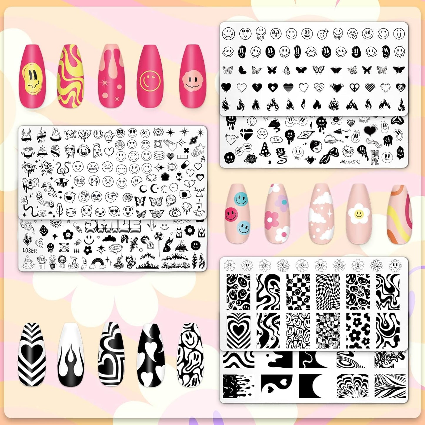 Whaline 6Pcs Smile Face Nail Plates Stamping Set Heart Butterfly Star Flower Smiling Stamp Templates Groovy Nail Art Plates for DIY Print Manicure Salon Design Gift Supplies