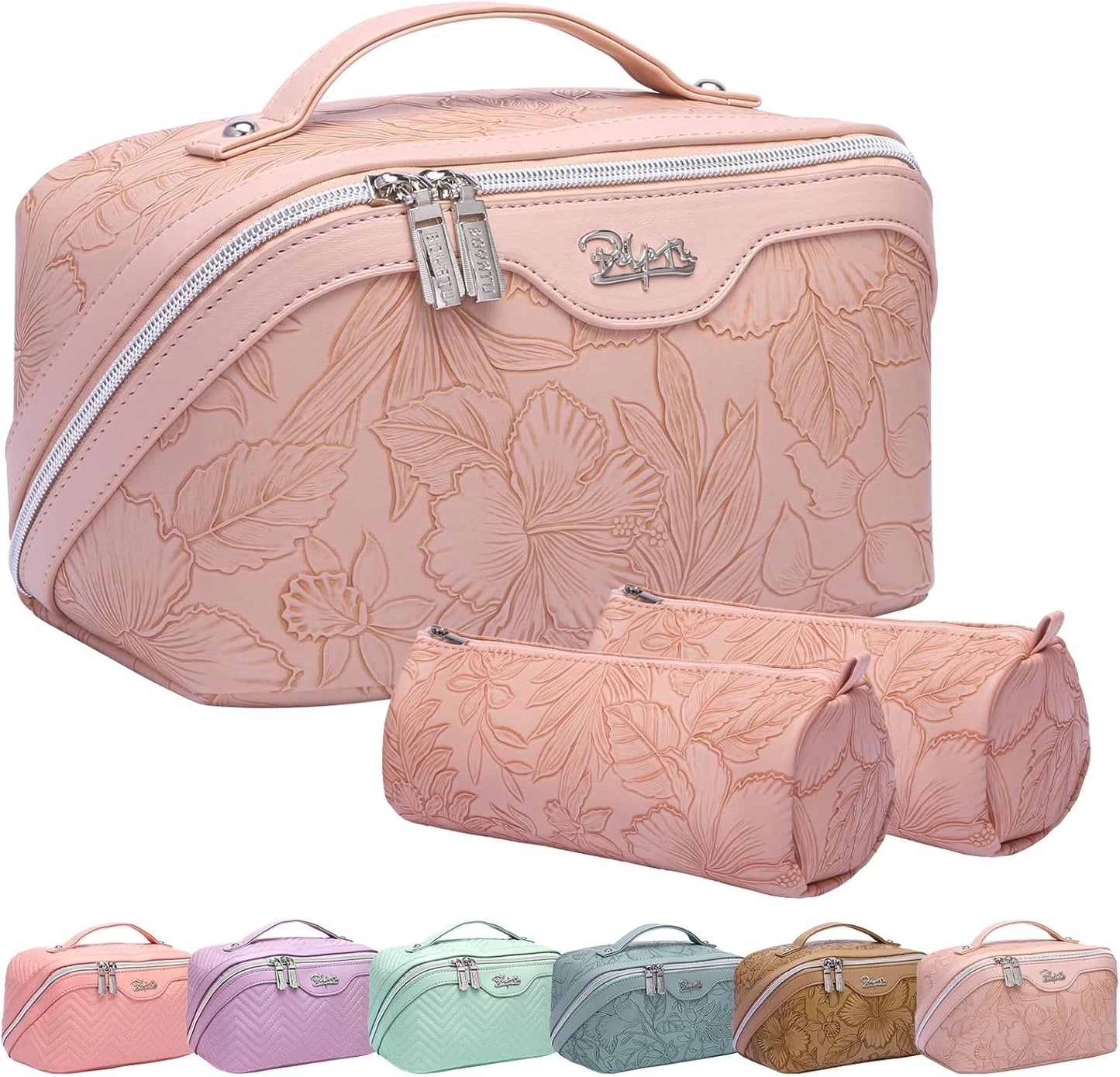 BOYATU Travel Makeup Bags Cosmetic Organizer Bag: 3-Set Large Capacity Make up Bag - PU Leather Toiletry Bags for Women - Wide Open Portable Pouch with Divider & Handle (01-Z-Pink)