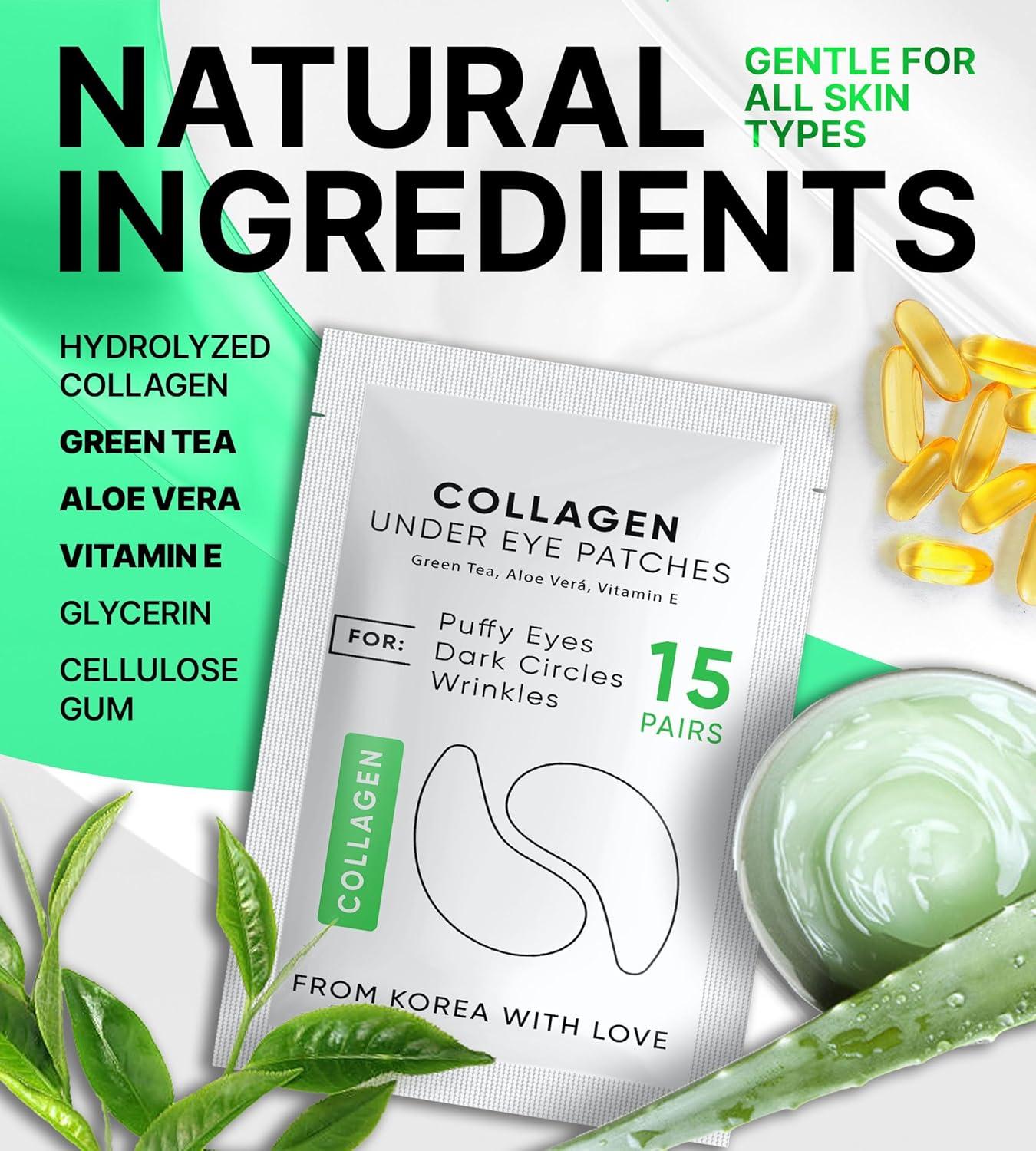 Under Eye Patches for Dark Circles, Puffiness 5 PAIRS - Dark Circles Under Eye Treatment - Under Eye Mask Gel - Under Eye Gel Patches for Puffy Eyes - Green Tea, Collagen Eye Patches - Under Eye Pads