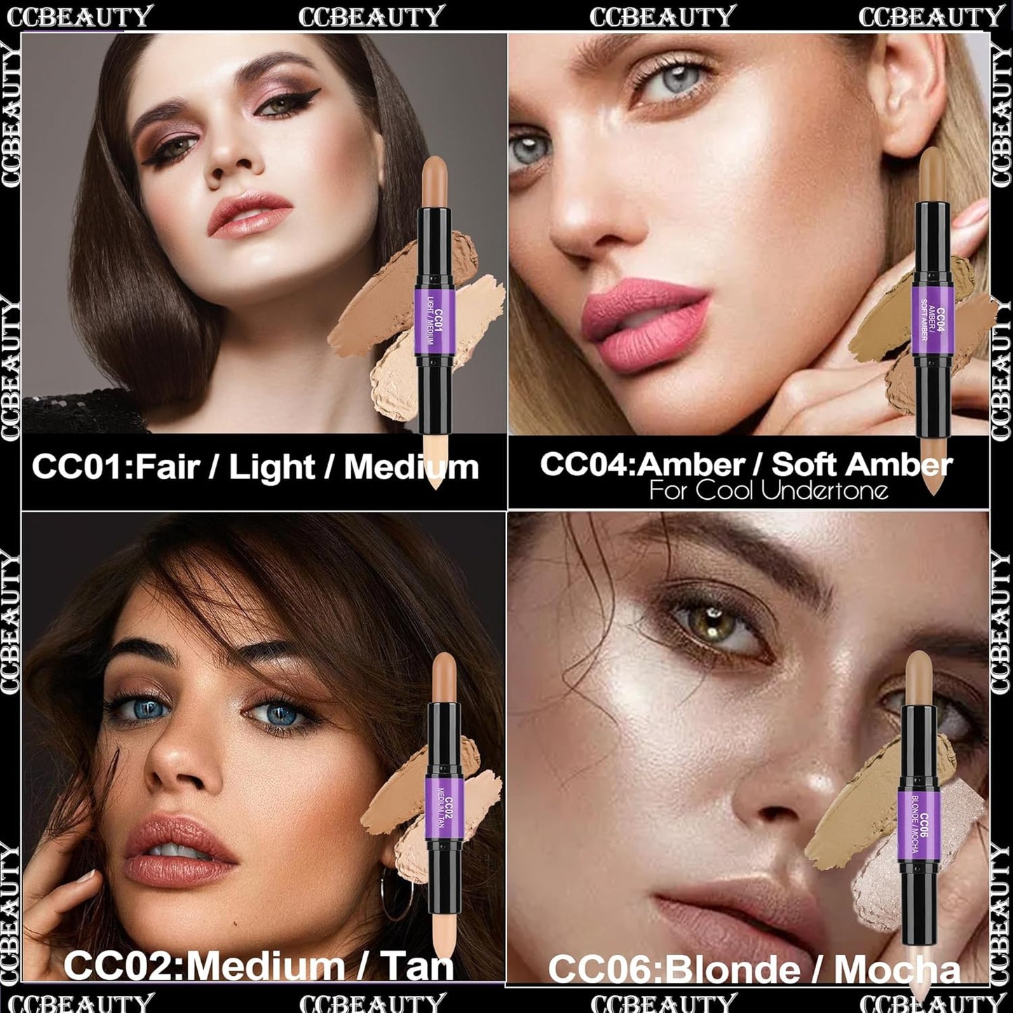 CCbeauty 2pcs 2-IN-1 Matte Contour Concealer Stick Cool Tone with Blush,Cream Blendable Bronzer & Blusher for Cheeks & Lip,Long Lasting & Waterproof Contouring for Face Shaping Makeup,AMBER/SOFT AMBER