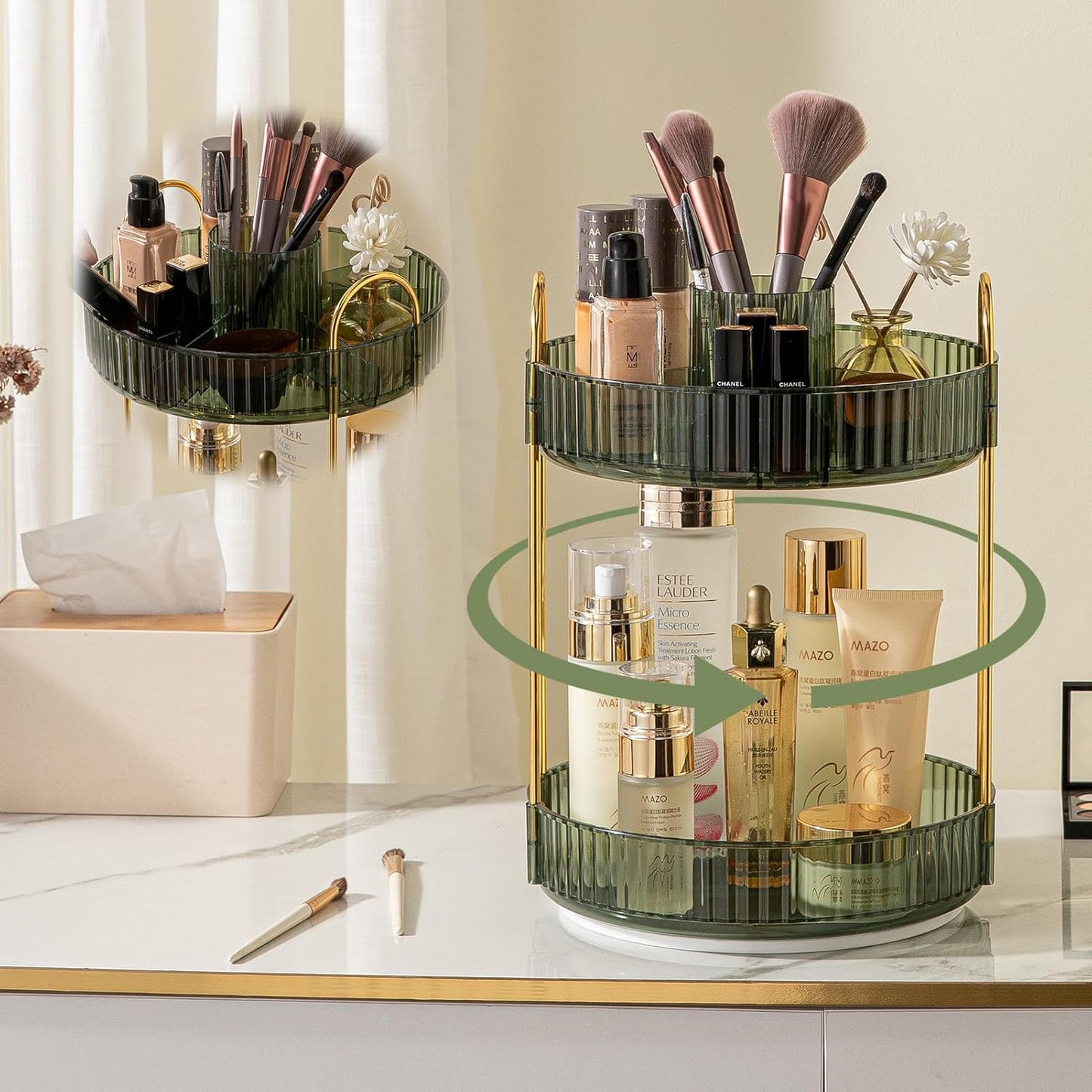 Rotating Makeup Organizer for Vanity, High-Capacity Skincare Clear Make Up Storage Perfume Organizers Cosmetic Dresser Organizer Countertop 360 Spinning (Green, New-2 Tier)