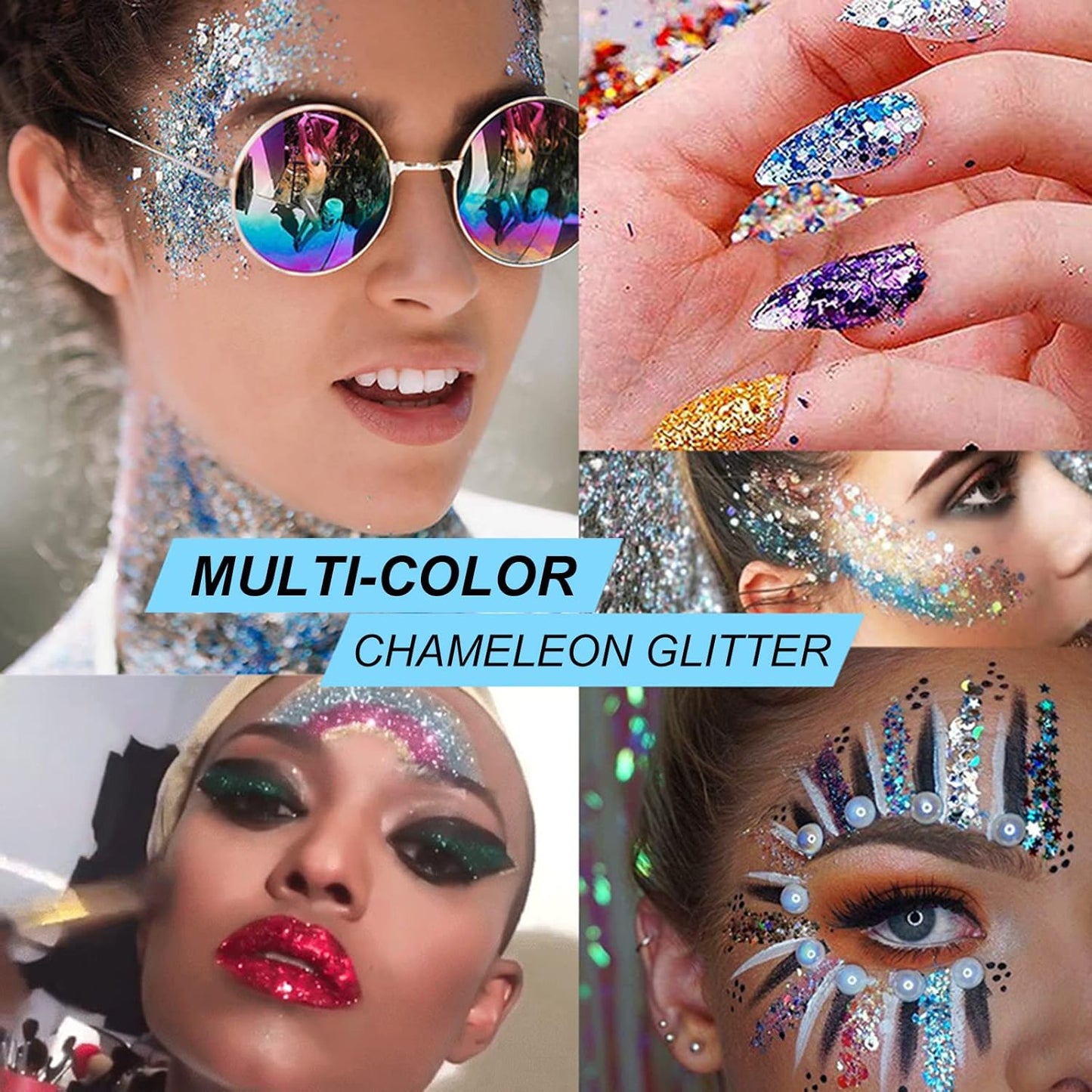 Clear White Face Body Hair Glitter Gel for Women Kids, Changes Color with The Angle and Light, Holographic Mermaid Sequin Sparkling Paint Makeup for Halloween Festival Rave Accessories, 1oz