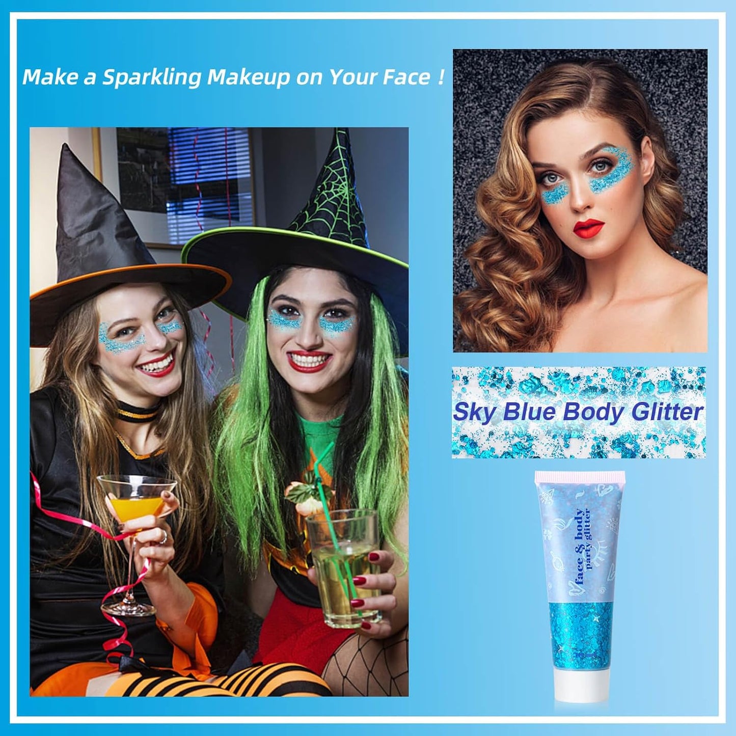 MEICOLY Sky Blue Body Glitter,Teal Face Glitter Gel,Halloween Glitter Face Paint,Light Blue for Face Body Eye Hair,Mermaid Turquoise Sparkling Makeup for Women Kids,50 ml
