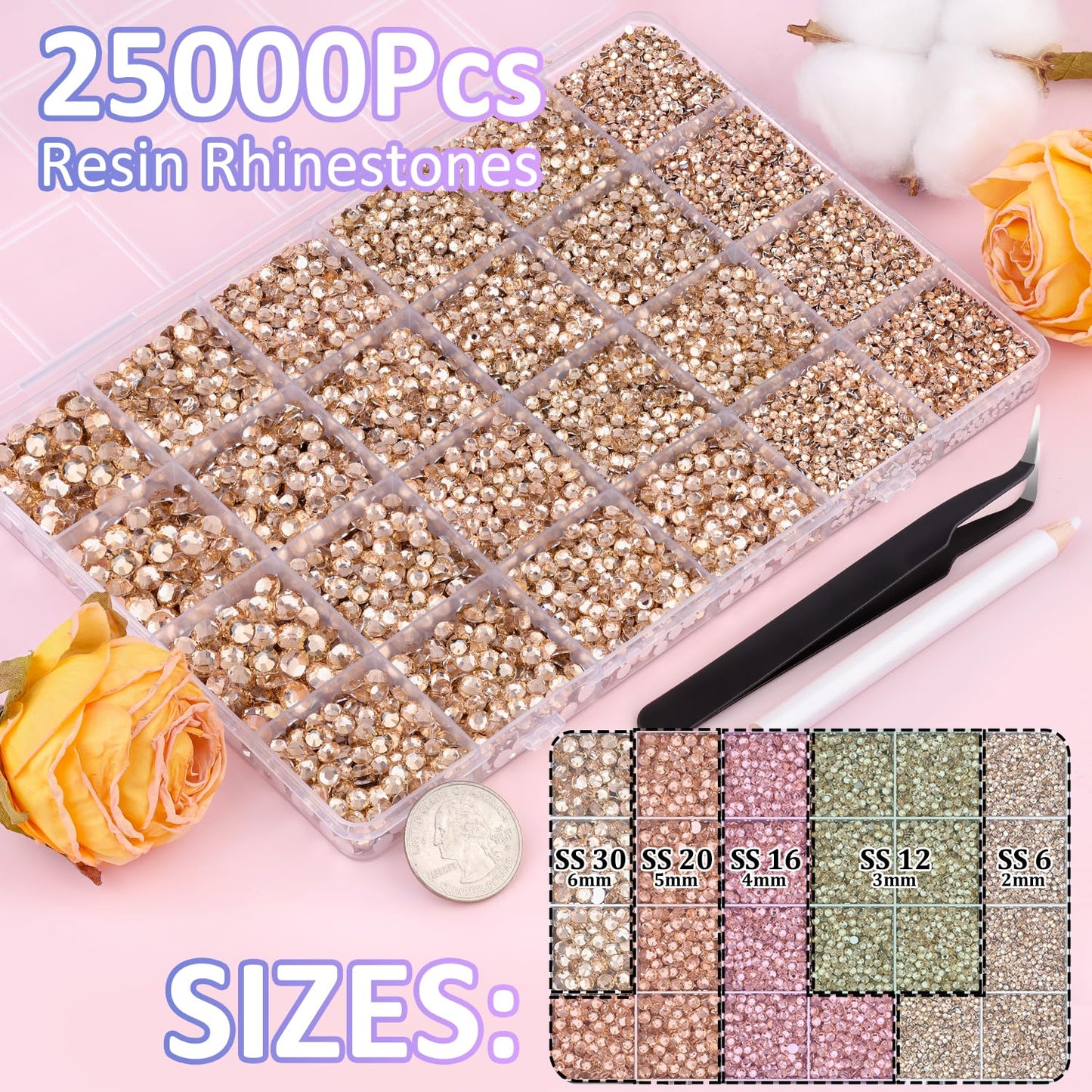 25000Pcs Resin Rhinestones with Tweezers for Crafting, Champagne 2-6mm Mixed Sizes Non Hotfix Flatback Gems, Bedazzling Crystal for DIY Craft Clothing Mugs Tumblers Shoes Fabric Decor Nail Art
