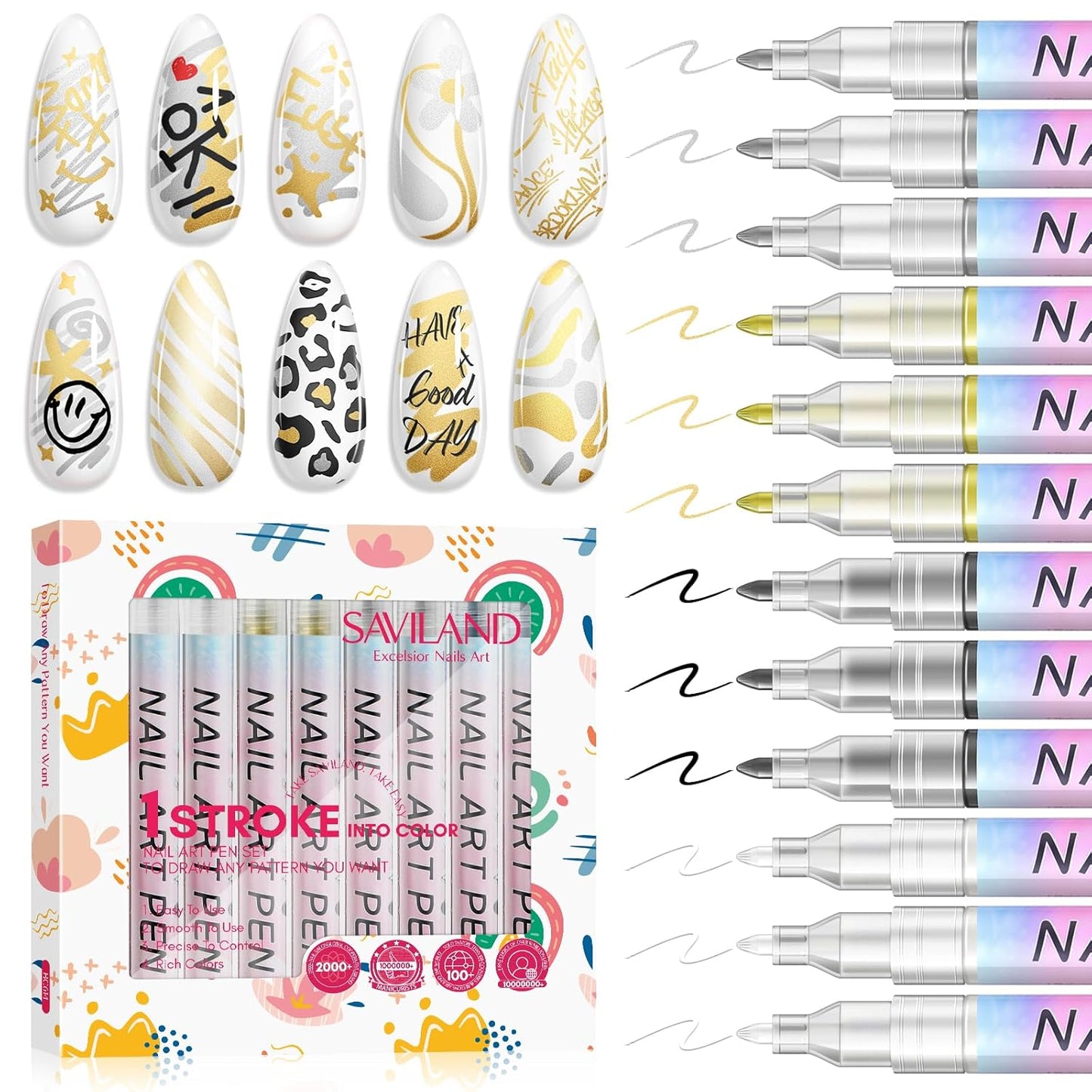 SAVILAND Essentials Nail Art Pen Set: 12PCS Quick Dry 3D Nail Polish Pens for Nail Art Design with Fine Tips Acrylic Paint Markers for Drawing Liner Dotting and DIY Manicure Tools Kit at Home