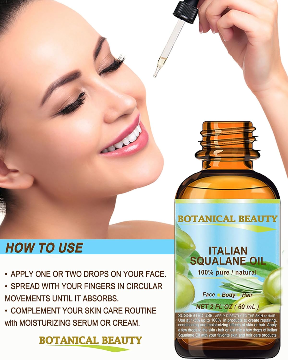 SQUALANE Italian Olive. 100% Pure Natural Undiluted Oil. 2 fl.oz- 60ml. 100% Ultra-Pure Moisturizer for Face, Skin, Body, Hair. Reliable 24/7 skincare protection