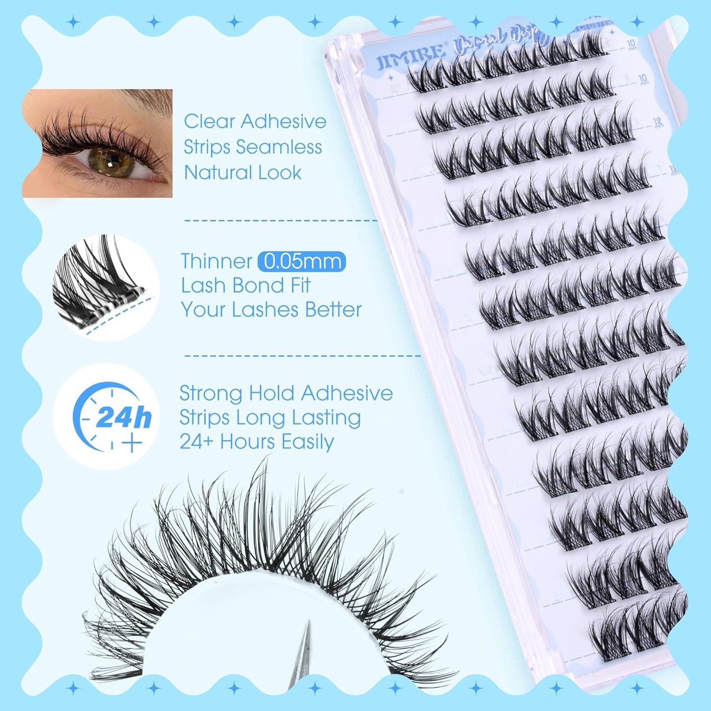 Natural Self Adhesive Eyelashes 10-16MM Wispy Press on Lashes Pre Glued Lash Clusters No Glue Needed Press on Eyelash Clusters Reusable Self Adhesive Lash Clusters Easy to Apply by JIMIRE