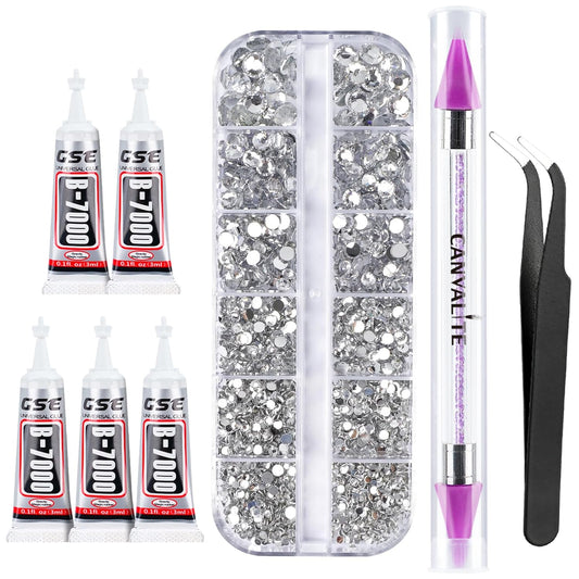 Canvalite 2784PCS Rhinestones Flatback Gems, Nail Rhinestones Nail Art Gems with Jewelry Glues, Pick Up Tweezers and Rhinestone Picker Dotting Pen, Nail Art Tools for Nails, Clothes, Face, Crafts