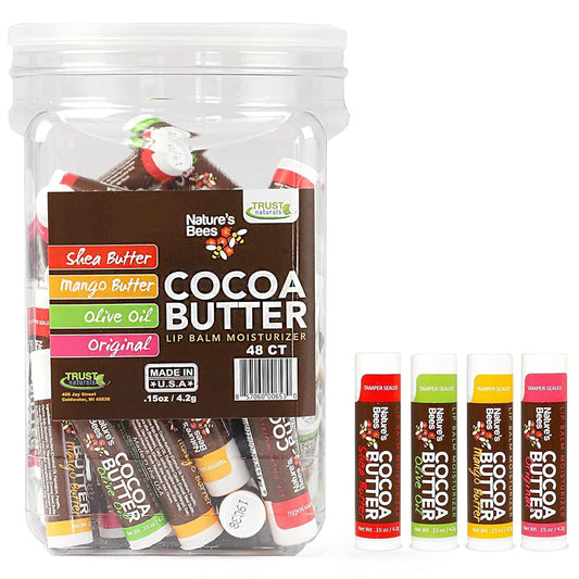 Nature's Bees, Cocoa Butter Flavored Lip Balm Tubes Set Bulk Assortment Chap Treatment Moisturizer For Dry Lips, Original Variety Assortment (Shea Butter, Original, Olive Oil, Mango Butter) - 48 Pack