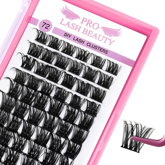 PRO LASHBEAUTY Cluster Lashes 72 Pcs DIY Eyelash Extension Individual Cluster Eyelashes Tender Style Self-Application Fluffy Super Thin Band Reusable Soft & Comfortable (Tender-D-12mm)