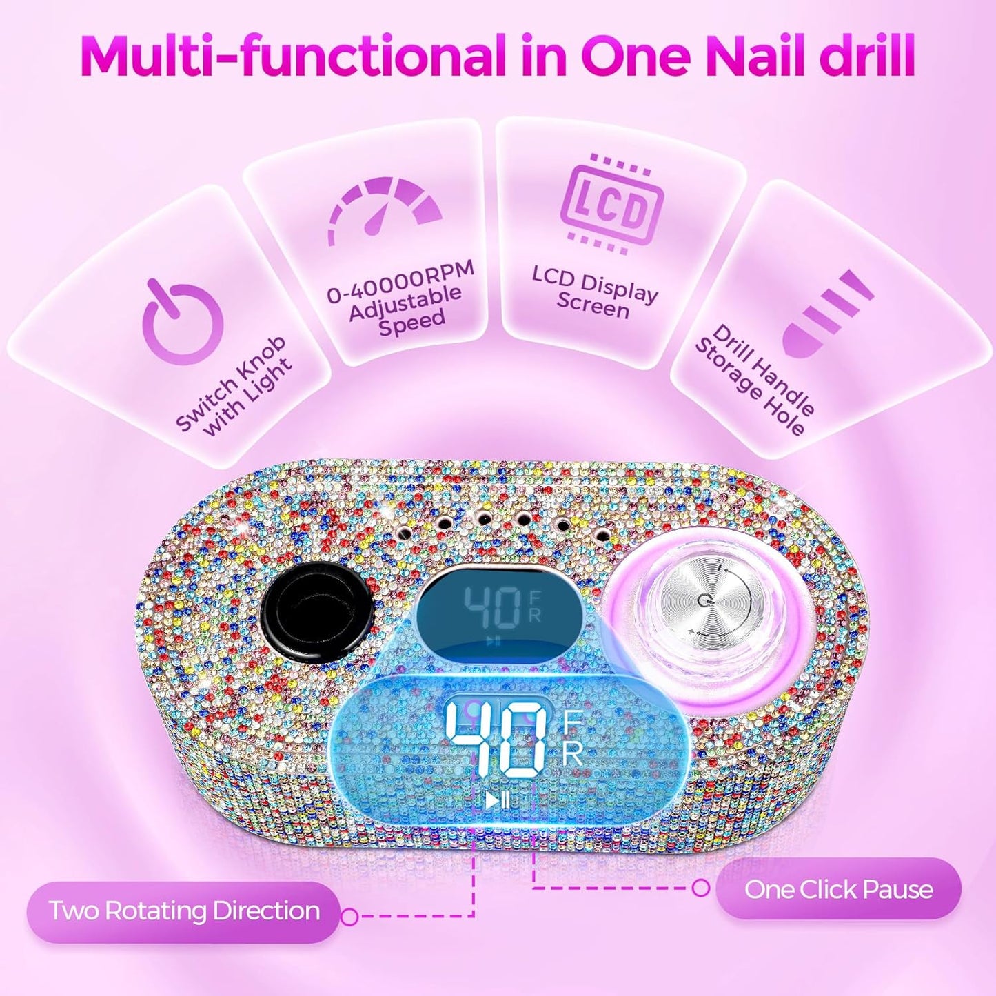 Nail Drill Electric File: DEDNMSCA Sparkly Professional Nail Drill Kit, 40000RPM E-File Machine with 12 Drill Bits for Acrylic Nails Remove Nail Gel Polish Manicure for Salon Home, Colorful Diamond