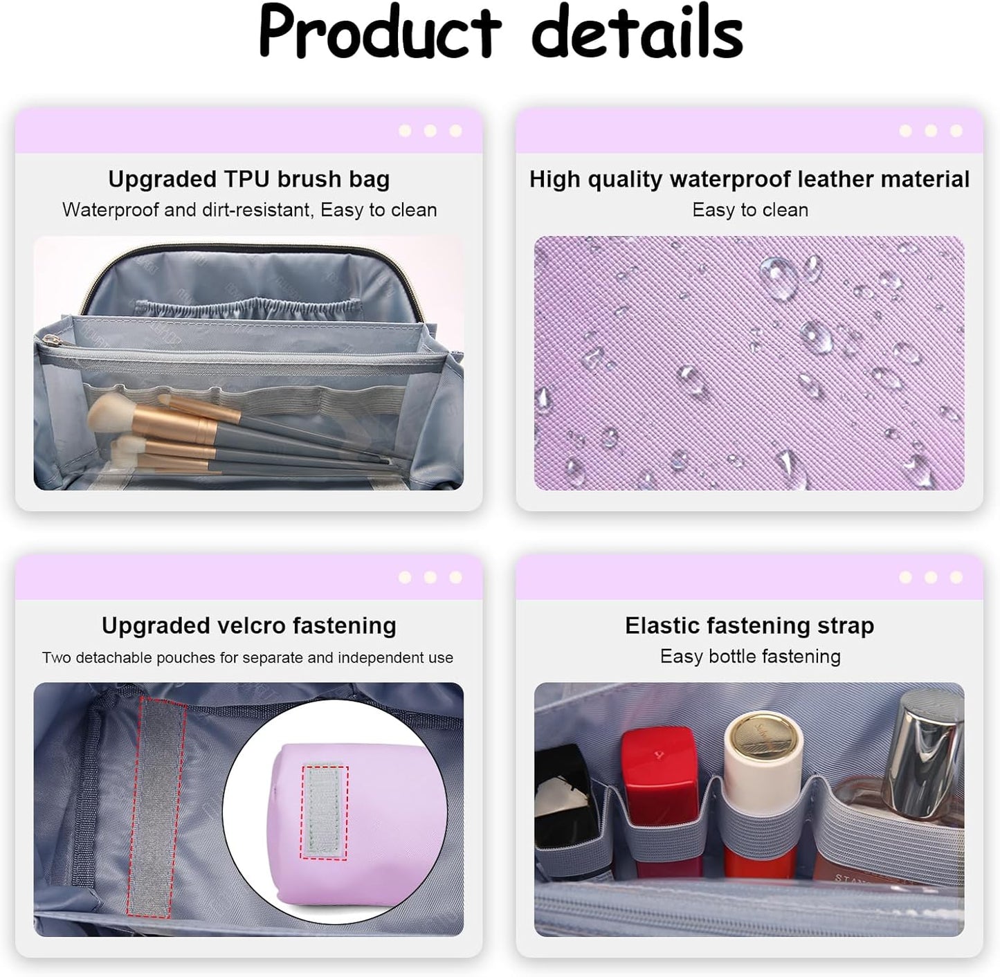 BOYATU Travel Makeup Bags for Women: Vegan Leather Cosmetic Bag Set of 3 - Large Capacity Make up Bag with Divider - Wide Open Waterproof Toiletry Organizer Bag with Handle (05-Purple)