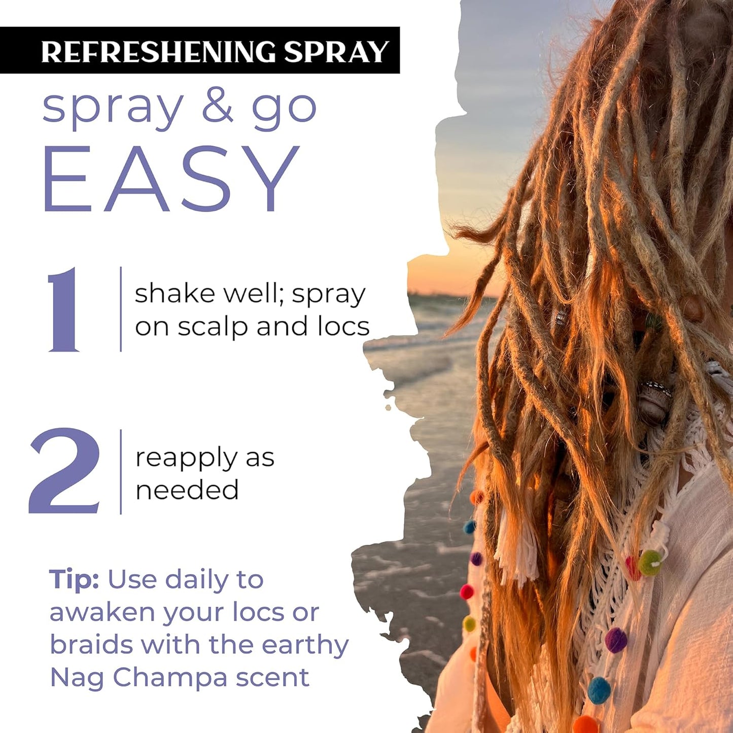 Dollylocks Refreshening Spray – Residue-Free Dreadlock Spray & Loc Moisturizer, Plant Based Deodorizer & Conditioner for Dreads, Vegan & pH-Balanced (Nag Champa Scent, 8oz)