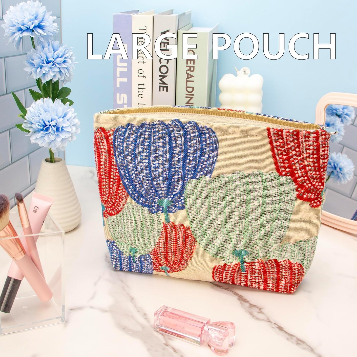 PAZIMIIK Makeup Bag Large Cotton Zipper Pouch for Purse Travel Canvas Make Up Organizer for Women Cosmetic,Linen Colorful