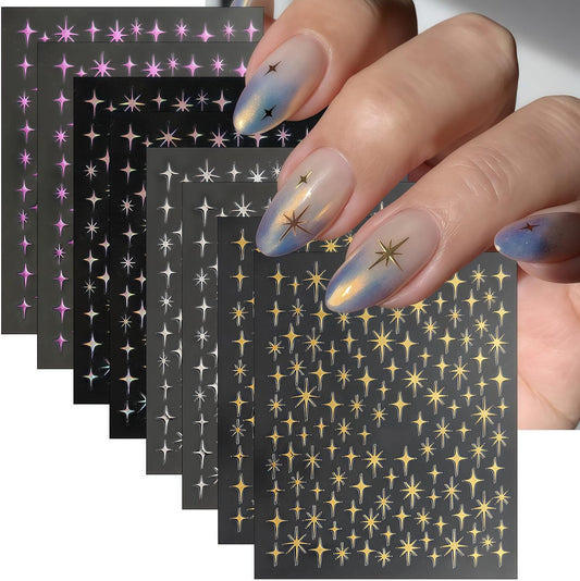 8 Sheet Bronzing Star Nail Stickers 3D Shiny Star Nail Decals Starlight Designs Sticker Nail Gold and Silver Purple Manicure Accessories for Women Nail Decorations