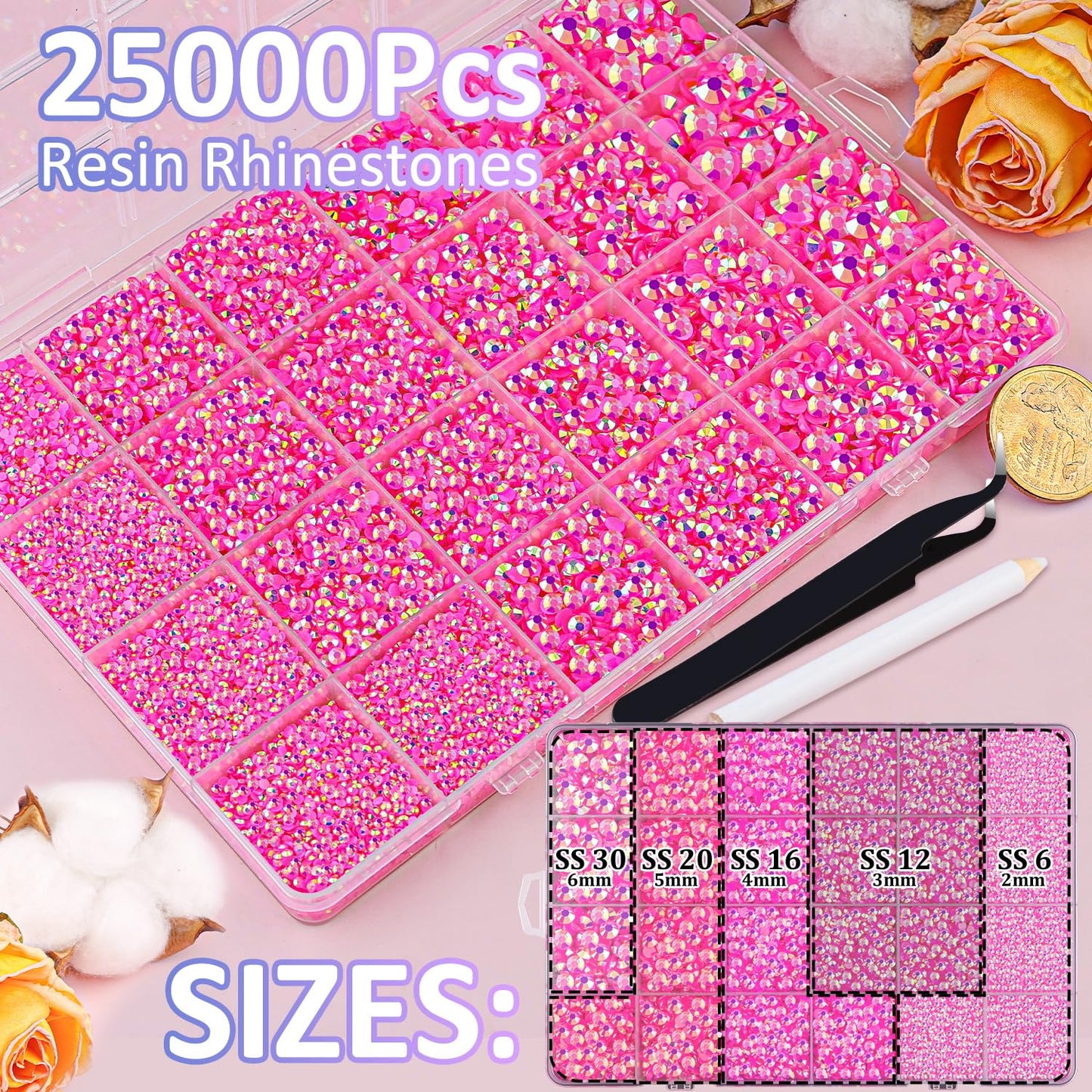 25000Pcs Resin Jelly Rhinestones with Tweezers for Crafting, Hot Pink AB Flatback Gems, Bedazzling Crystal with 3Pcs 10ml B7000 Jewelry Glue for DIY Crafts Clothing Tumblers Shoes Fabric Nail Art