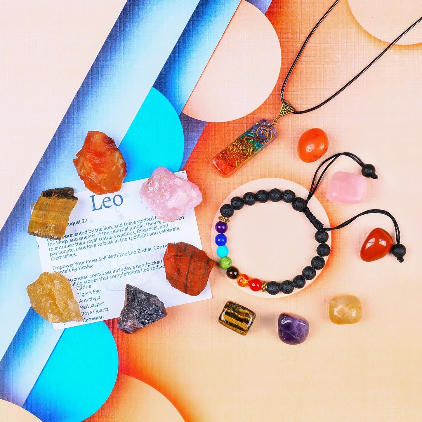 NARIBABU Leo Crystal Gift - Zodiac Crystals - Healing Crystal Pendant & Bracelet - Leo Horoscope Gifts - Zodiac Crystals for Beginners - Good Luck Birthstones Crystal Kit