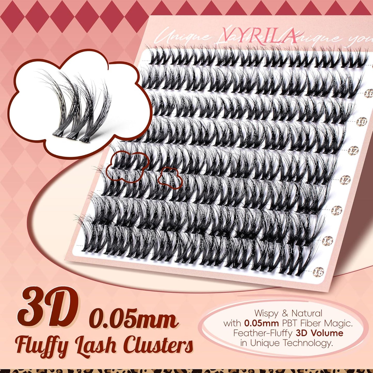 Lash Clusters 0.05mm PBT Fiber Eyelash Clusters, 0.1mm Superfine Invisiband D Curl Diy Lash Extension, 72pcs 8-16mm Individual Lashes Clusters Like Eyelash Extensions (Exotic-D-8-16Mix)
