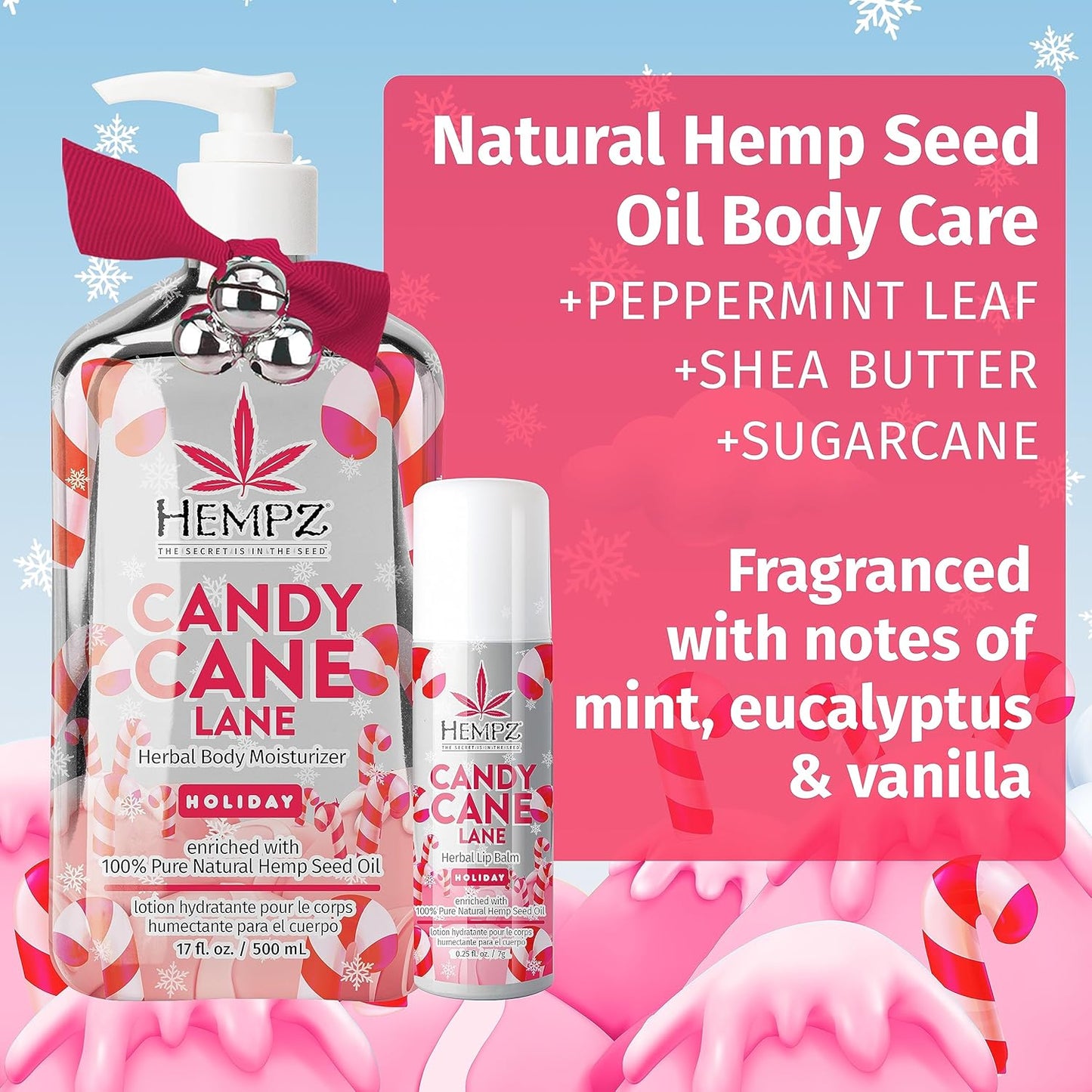 Hempz Holiday Gift Set, Candy Cane Lane Moisturizer (17 Oz) & Lip Balm (.44 Oz) – Holiday Moisturizing Lip Balm & Hydrating Lotion Skin Care Gift Set for Women & Men for Combatting Dry Lips & Skin