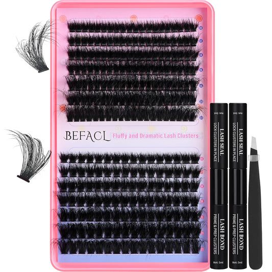 Lash Clusters Kit Fluffy Individual Lashes 80D+120D Thick Eyelash Clusters D Curly Wispy Eyelash Extensions with 2 Bond and Seal Eyelashes Cluster False Eyelashes DIY SinuVelv Lash Extension Kit