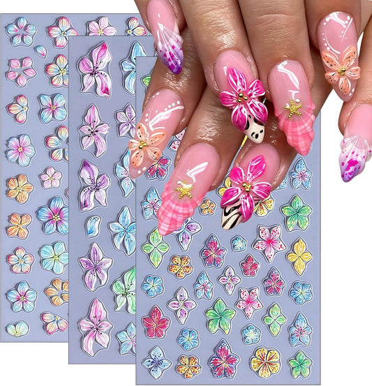 Flower Nail Art Stickers 5D Embossed Self Adhesive Lily Flower Stickers Summer Hibiscus Floral Decals Charms Vacation Design Pegatinas para Uñas for Women Girls DIY Manicure Decoration 3 Sheet