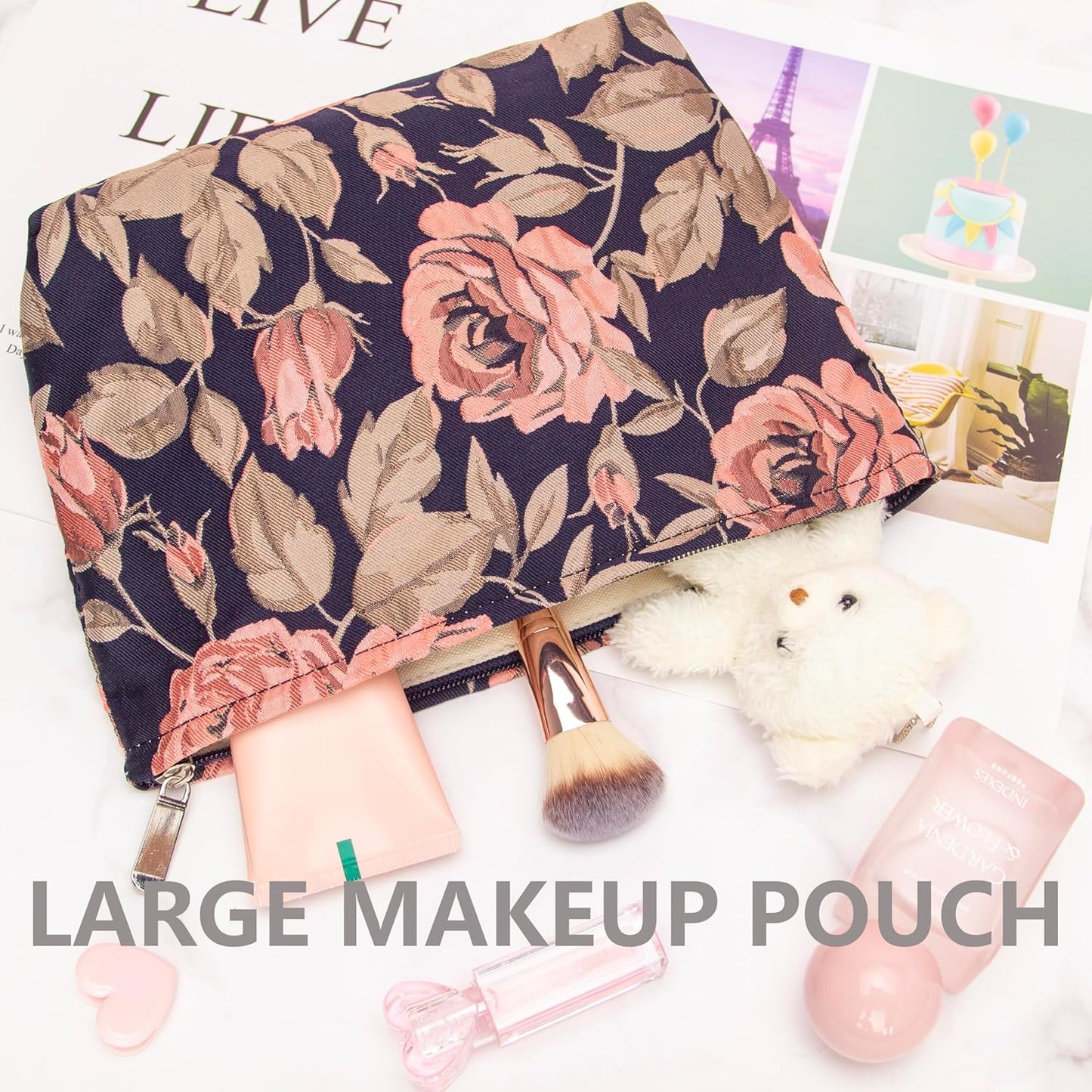 PAZIMIIK Makeup Bag Large Cotton Zipper Pouch for Purse Travel Canvas Make Up Organizer for Women Cosmetic,Rose Black Blue