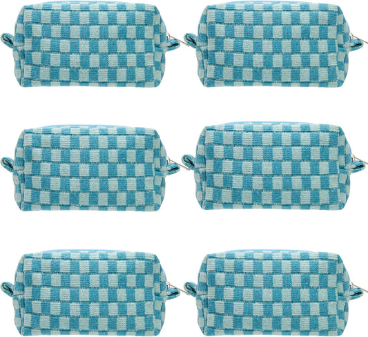 PAZIMIIK Checkered Makeup Bag for Purse Portable Zipper Make Up Pouch Small Cosmetic Case for Travel Accessories (6PCS Lake Blue)
