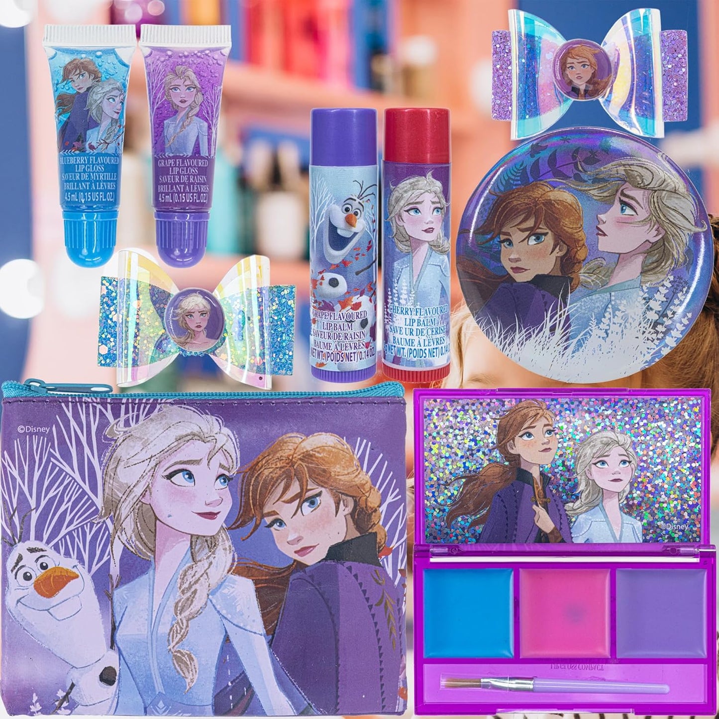 Disney Frozen - Townley Girl Super Sparkly Cosmetic Beauty Makeup Set For Girls with Clips, Lip Gloss, Nail Stickers, Lip Balm, Nail Gems and Mirror For Parties, Sleepovers & Makeovers
