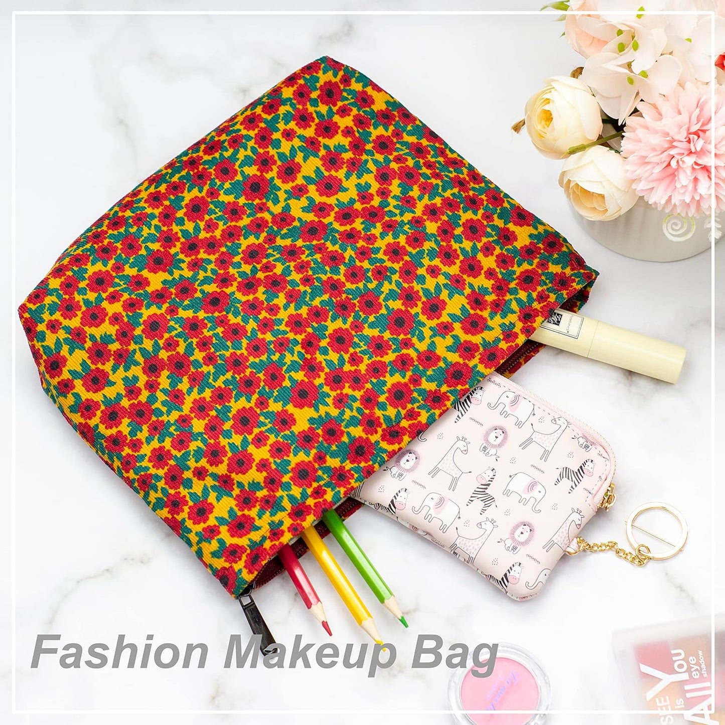 PAZIMIIK Makeup Bag Large Zipper Corduroy Make Up Pouch for Purse Travel Canvas Cosmetic Organizer for Women Brush Storage,Floral Red