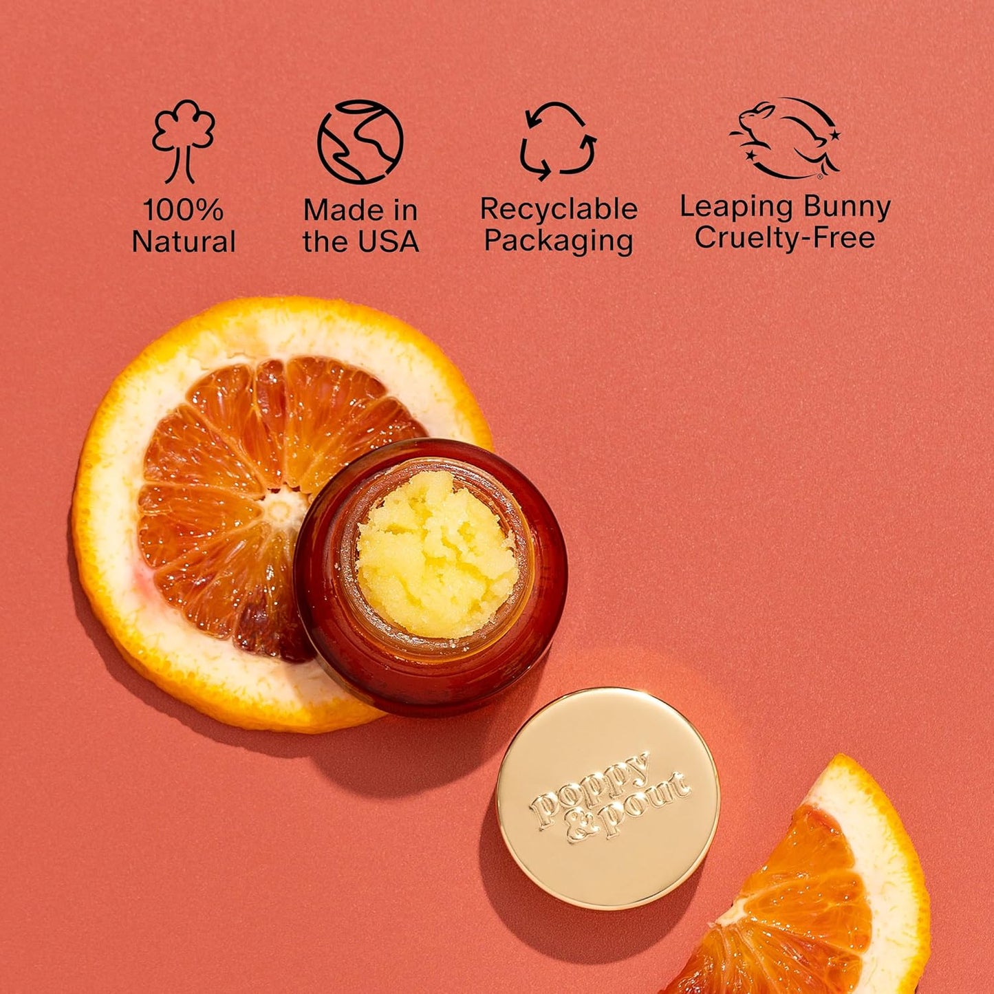 Poppy & Pout Natural Lip Scrub, Moisturizing Sugar Scrub for Dry Lips, Lip Scrubber Exfoliator with Essential Oils Smooths and Hydrates Lips, In Recyclable Glass Jars, Cruelty Free - Blood Orange Mint