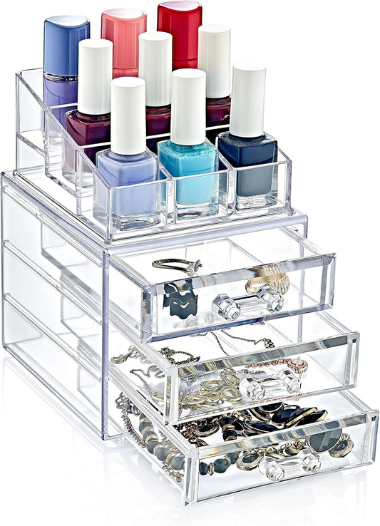 Boxup Makeup Organizer 3 Drawers,Makeup Organizers For Nail Polishers Clear Cosmetic Display Cases Stackable Storage Box With 3 Drawers For Vanity