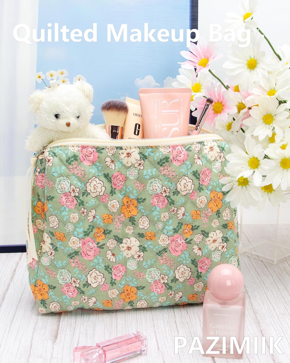 PAZIMIIK Quilted Makeup Bag Large Travel Zipper Soft Cosmetic Pouch for Women Girls Make Up,Green Flower