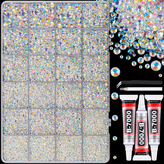 30000Pcs Resin Jelly Rhinestones with Tweezers for Crafting, Transparent AB Flatback Gems, Bedazzling Crystal with 3Pcs 10ml B7000 Jewelry Glue for DIY Crafts Clothing Tumblers Shoes Fabric Nail Art