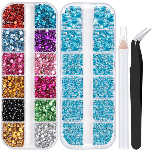 Two Packs of Flatback Rhinestones 4520 Pcs Colorful Nail Art Rhinestones Flatback Crystal Colorful+Lake Blue Rhinestone with Picker Pencil and Tweezer for Nail Art and Decoration