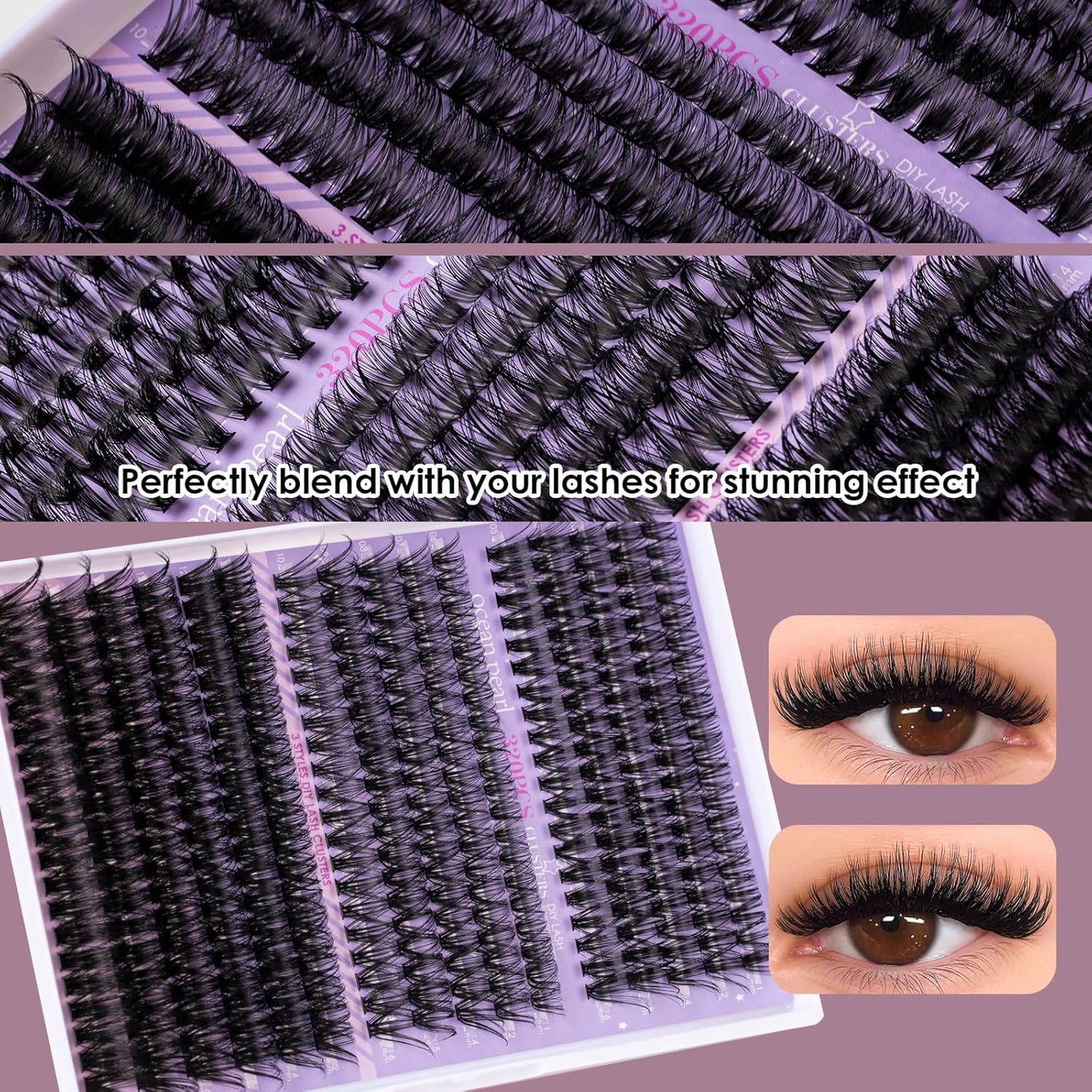 Ocean Pearl Lash Clusters 320PCS Thick Individual Lashes 11-20MM 40D 50D 100D DIY Lash Extension Soft Eyelashes Thick Volume Fake Lashes D Curl Cluster Eyelash Extensions For Beginners-40+50+100D