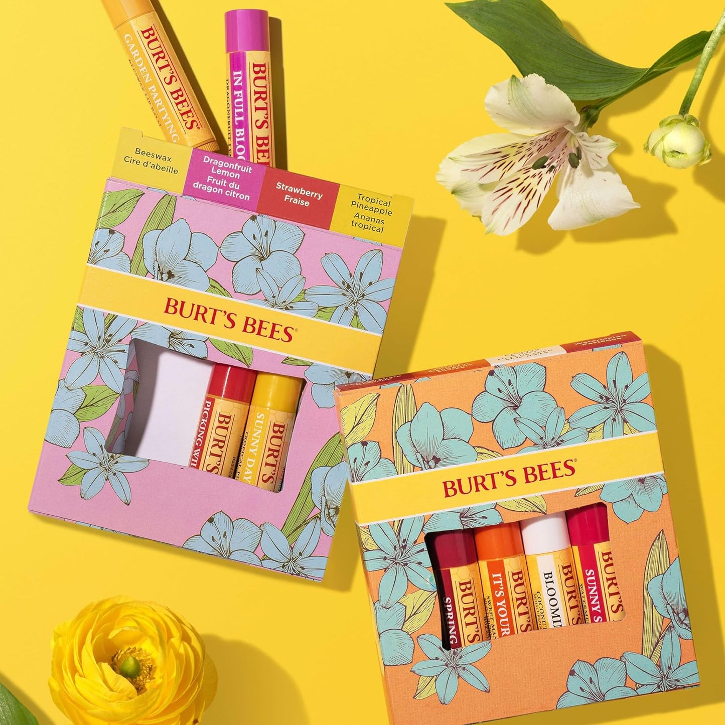 Burt's Bees Gifts Ideas - In Full Bloom Lip Balm Set, Original Beeswax, Dragonfruit Lemon, Tropical Pineapple & Strawberry, Natural Origin Lip Treatment, 4 Tubes, 0.15 oz.