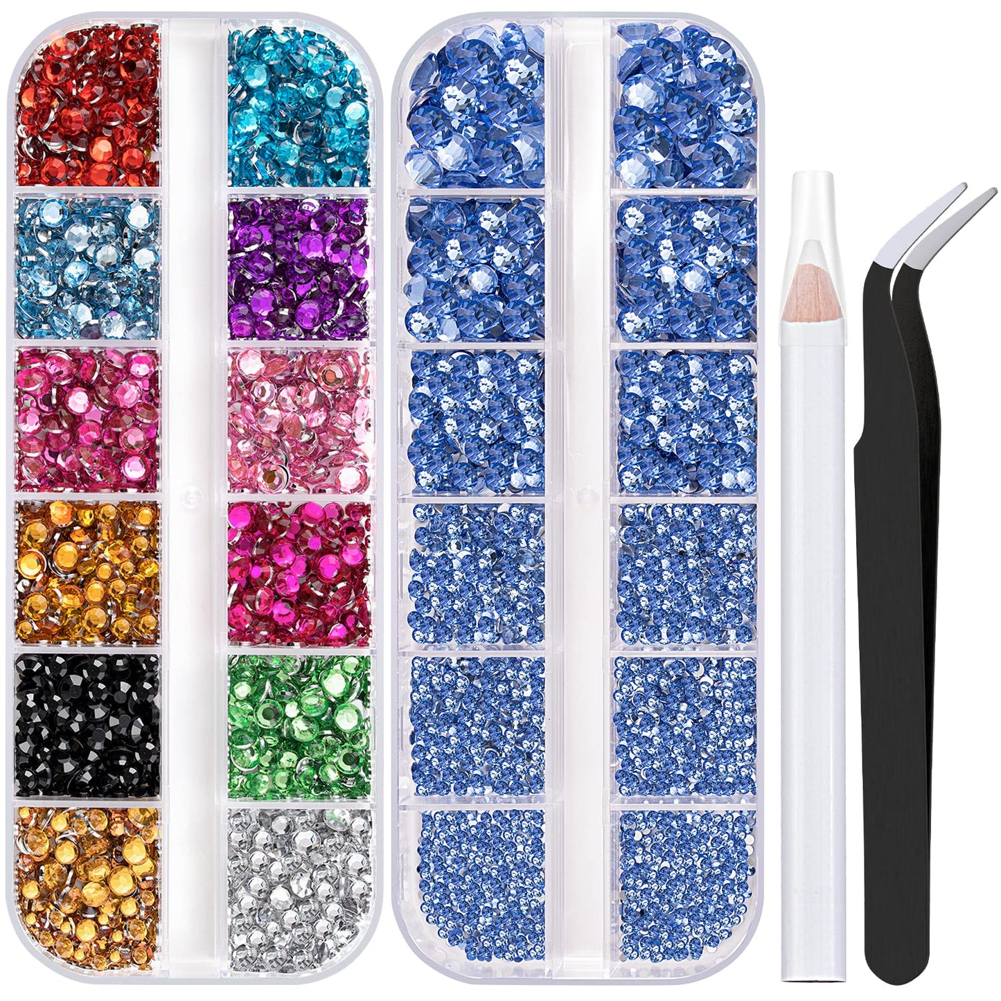 Two Packs of Flatback Rhinestones 4520 Pcs Colorful Nail Art Rhinestones Flatback Crystal Colorful+Sky Blue Rhinestone with Picker Pencil and Tweezer for Nail Art and Decoration
